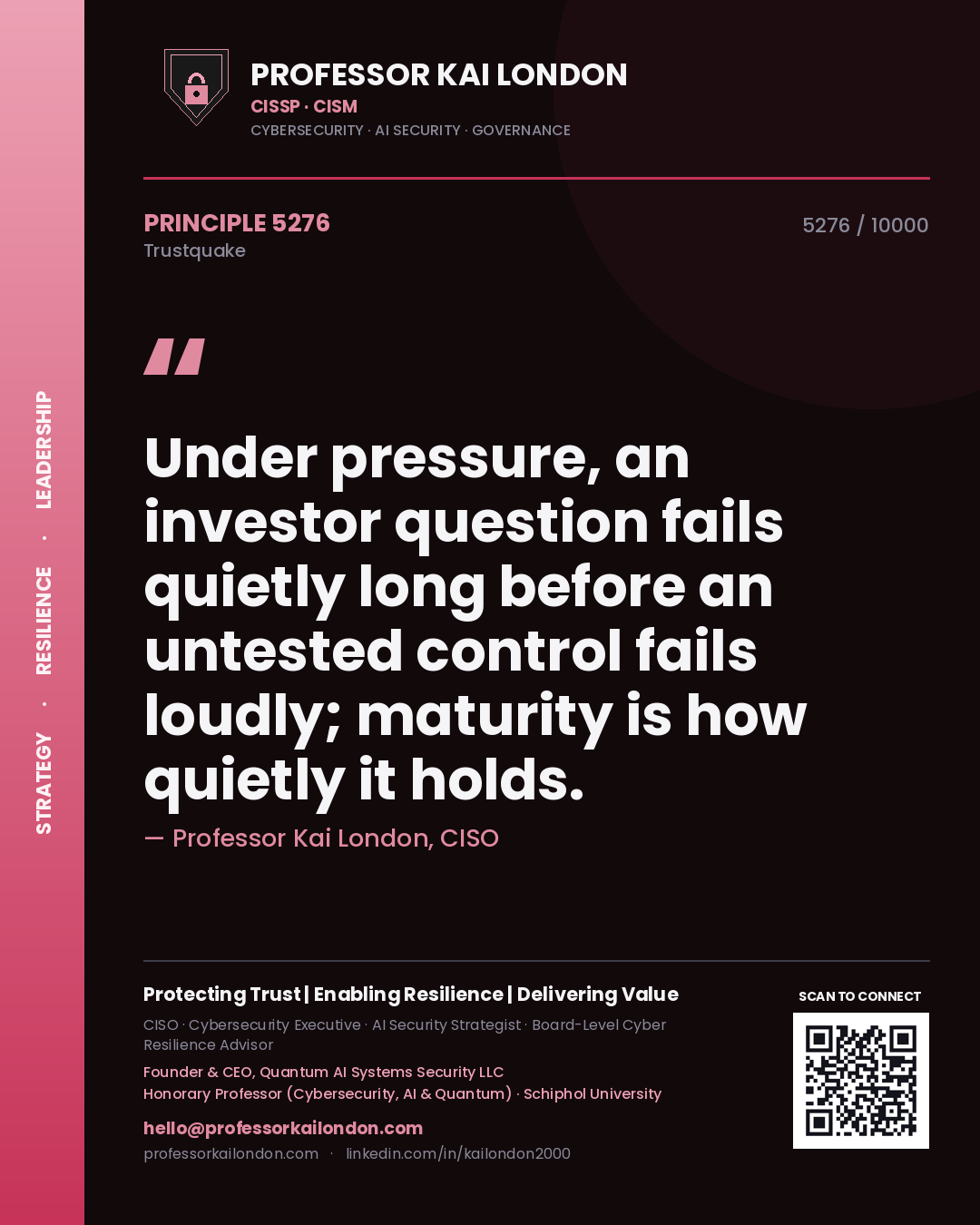 Professor Kai London principle 5276: Under pressure, an investor question fails quietly long before an untested control fails loudly; maturity is how quietly it holds.