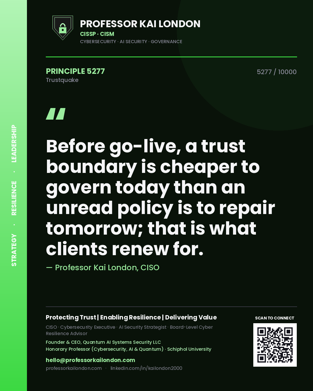 Quote card by Professor Kai London reading 'Before go-live, a trust boundary is cheaper to govern today than an unread policy is to repair tomorrow; that is what clients renew for.'. From the book Trustquake.