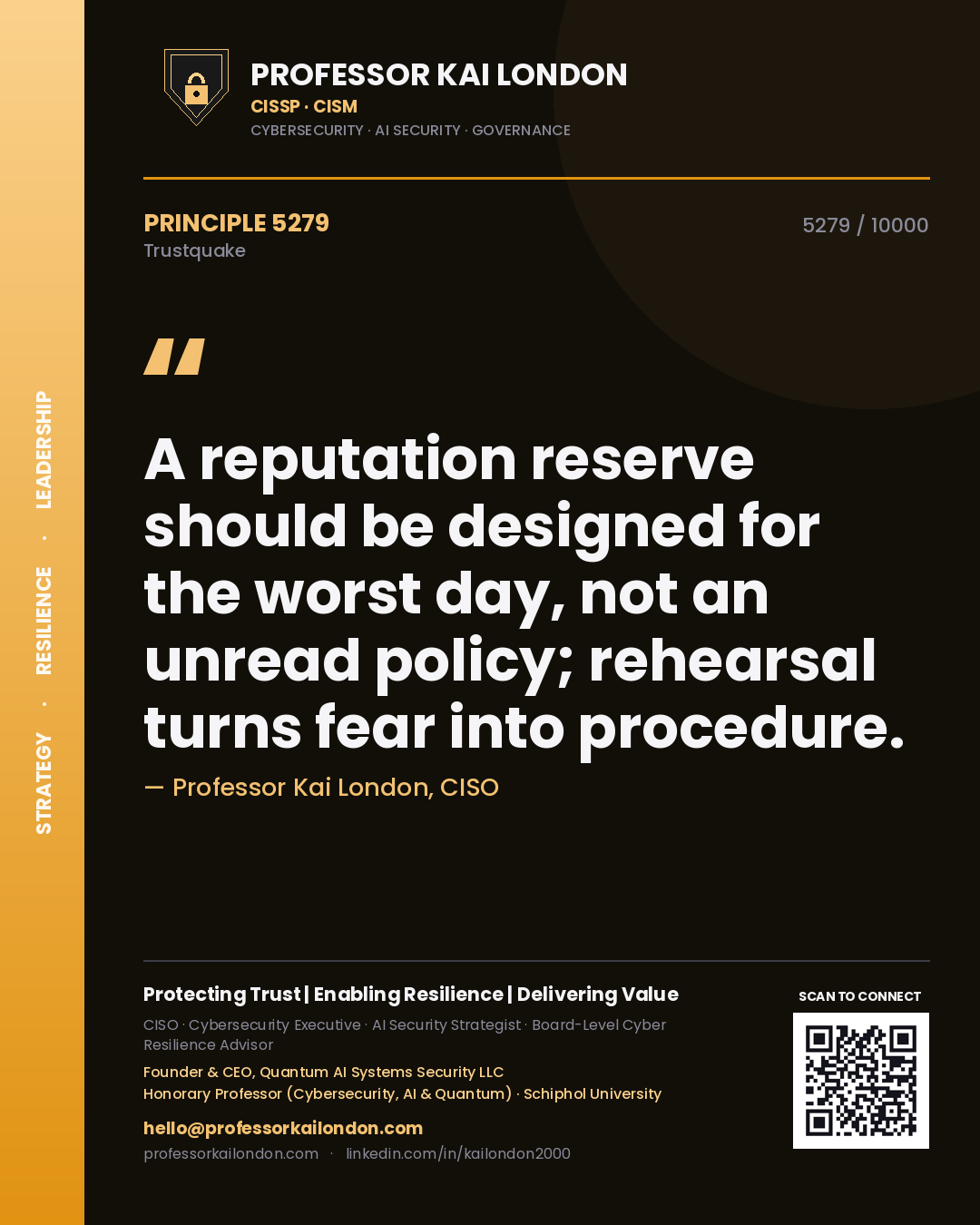 Quote card by Professor Kai London reading 'A reputation reserve should be designed for the worst day, not an unread policy; rehearsal turns fear into procedure.'. From the book Trustquake.