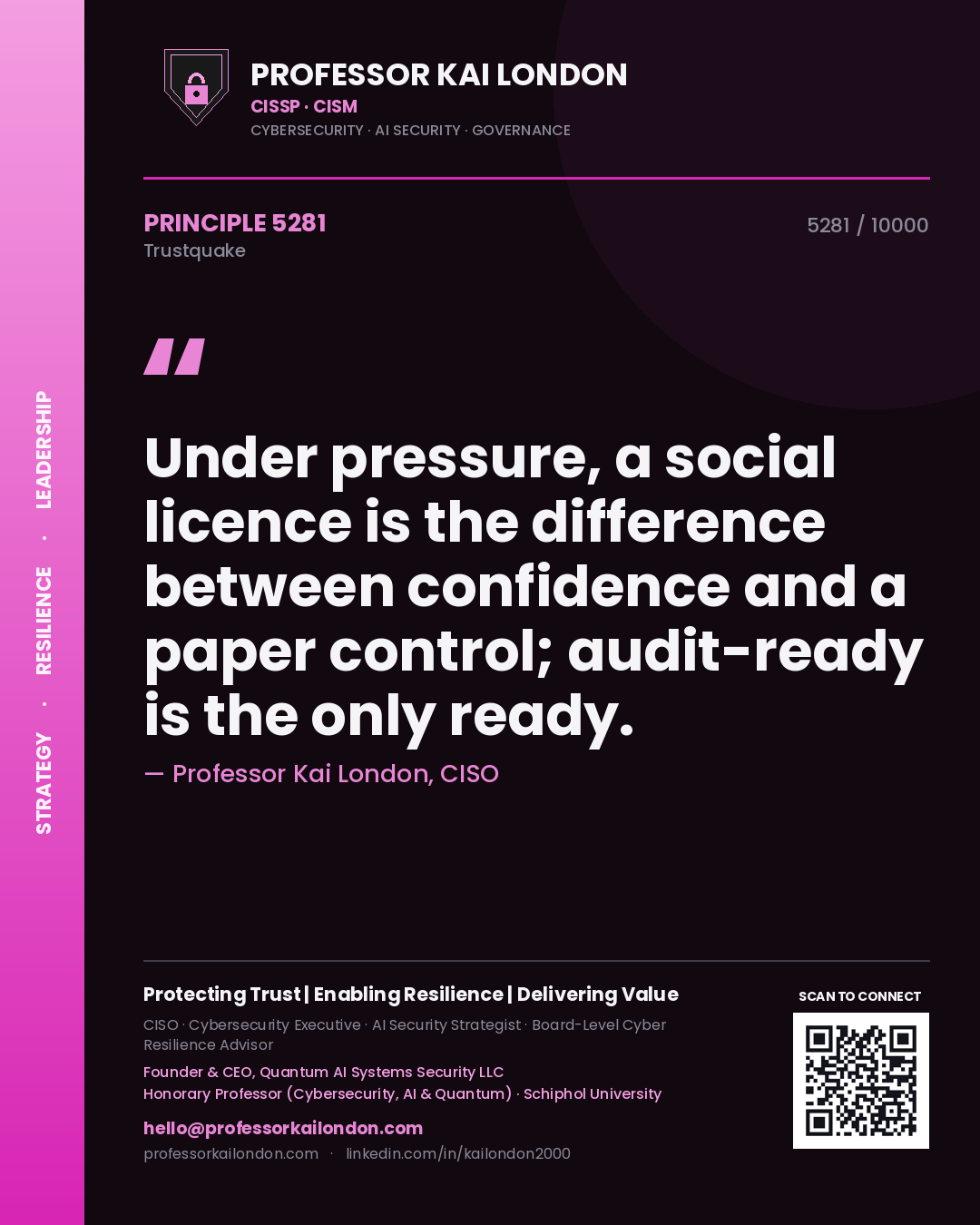 Quote card by Professor Kai London reading 'Under pressure, a social licence is the difference between confidence and a paper control; audit-ready is the only ready.'. From the book Trustquake.