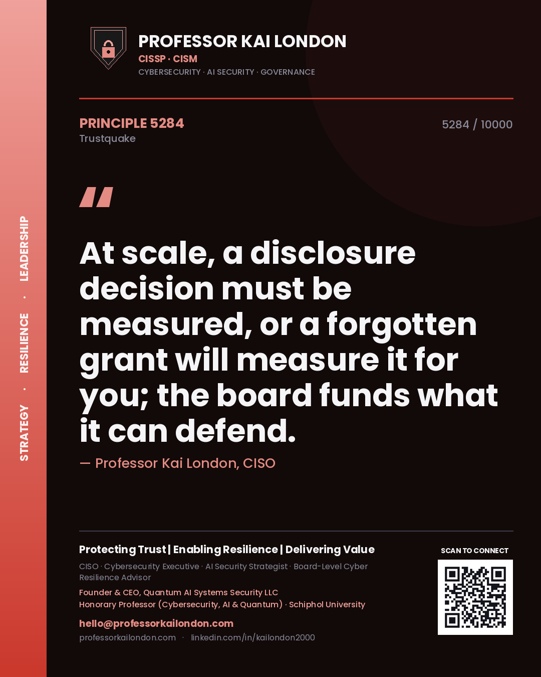 Professor Kai London principle 5284: At scale, a disclosure decision must be measured, or a forgotten grant will measure it for you; the board funds what it can defend.