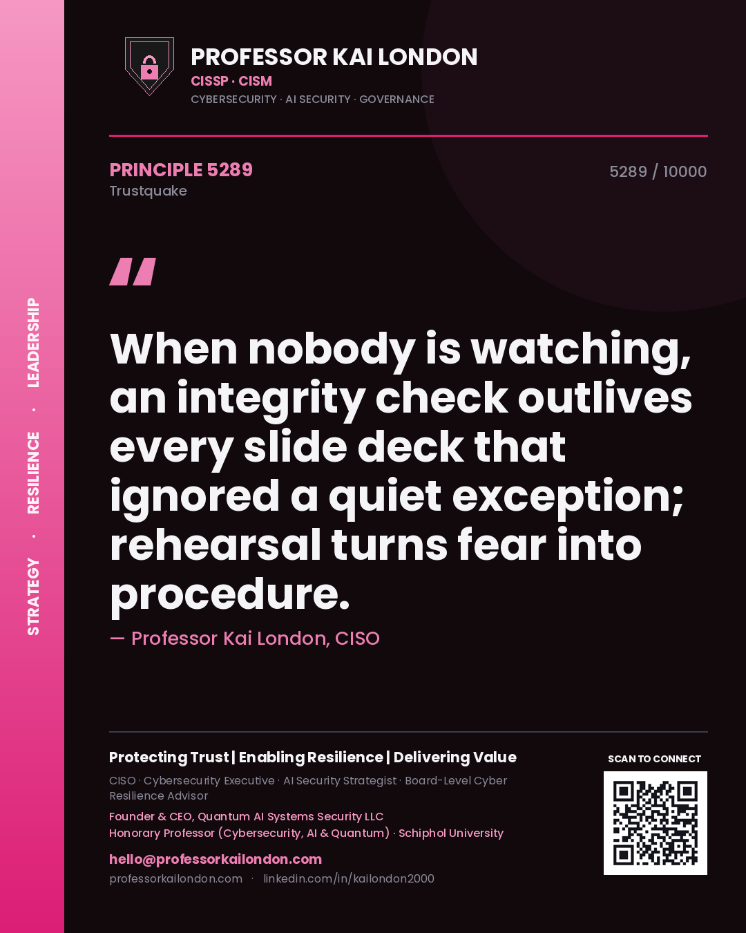 Professor Kai London principle 5289: When nobody is watching, an integrity check outlives every slide deck that ignored a quiet exception; rehearsal turns fear into procedure.
