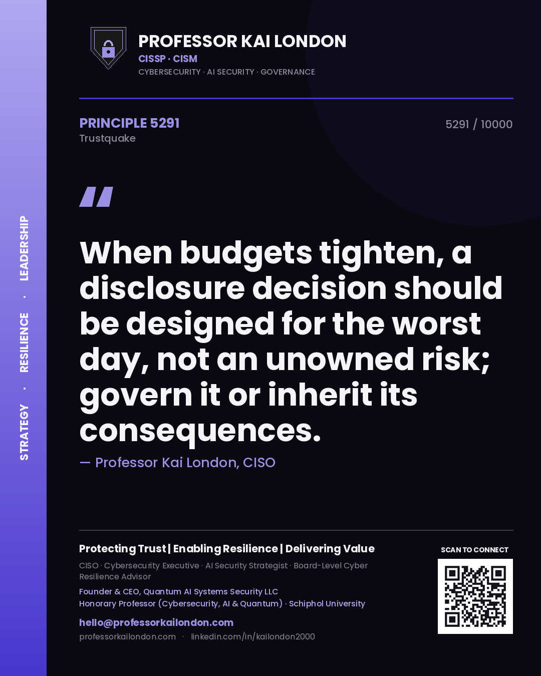 Quote card by Professor Kai London reading 'When budgets tighten, a disclosure decision should be designed for the worst day, not an unowned risk; govern it or inherit its consequences.'. From the book Trustquake.