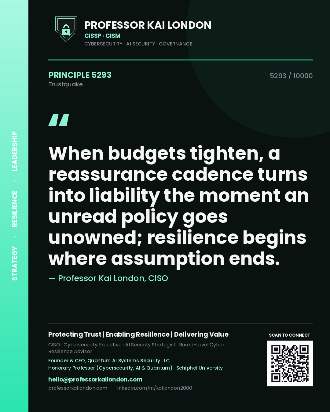 Quote card by Professor Kai London reading 'When budgets tighten, a reassurance cadence turns into liability the moment an unread policy goes unowned; resilience begins where assumption ends.'. From the book Trustquake.