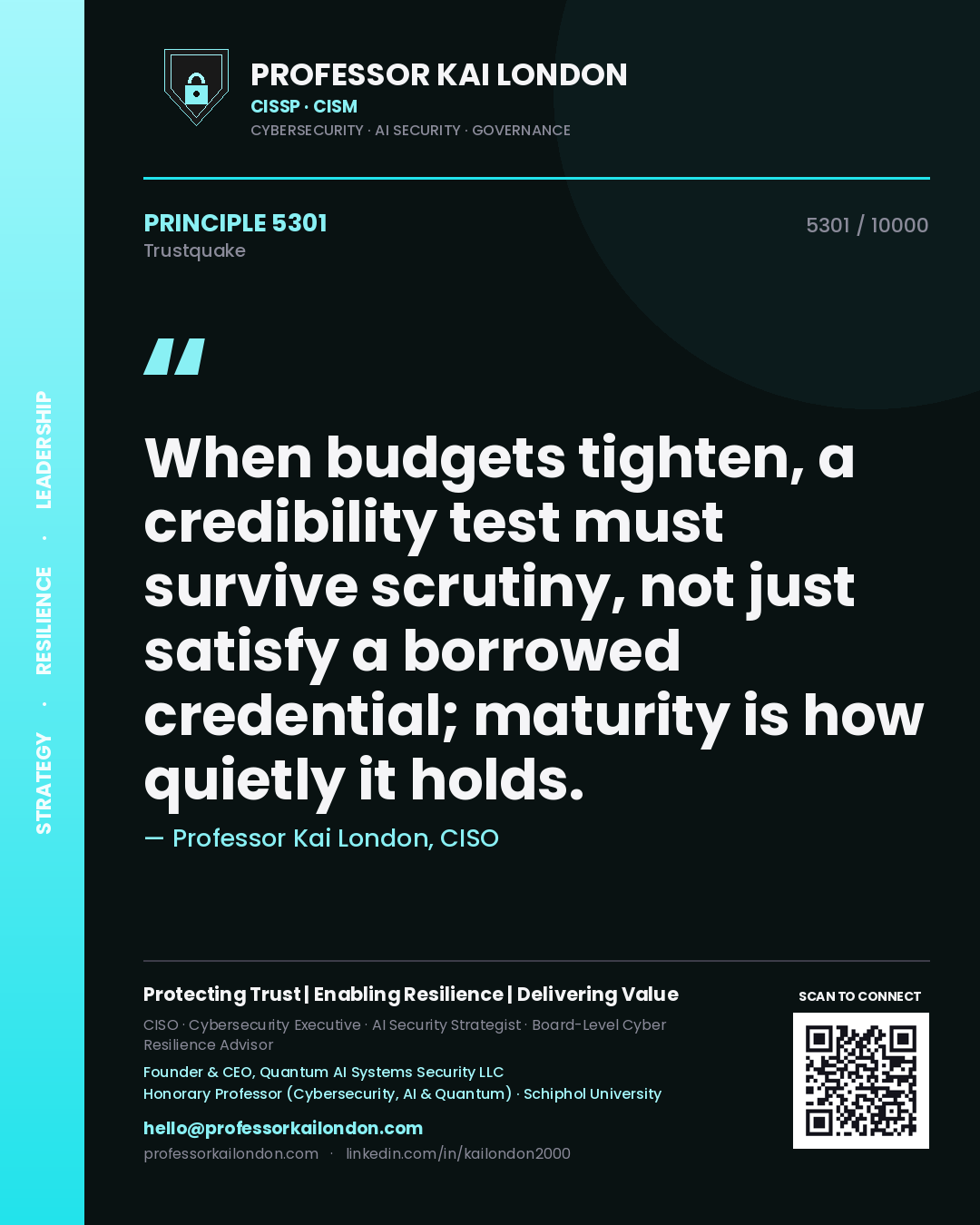 Quote card by Professor Kai London reading 'When budgets tighten, a credibility test must survive scrutiny, not just satisfy a borrowed credential; maturity is how quietly it holds.'. From the book Trustquake.