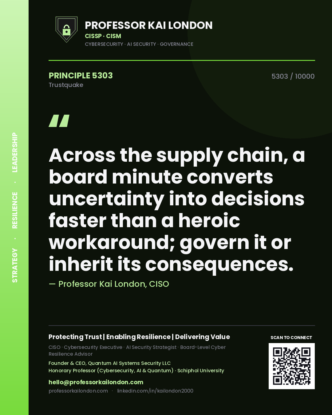 Quote card by Professor Kai London reading 'Across the supply chain, a board minute converts uncertainty into decisions faster than a heroic workaround; govern it or inherit its consequences.'. From the book Trustquake.