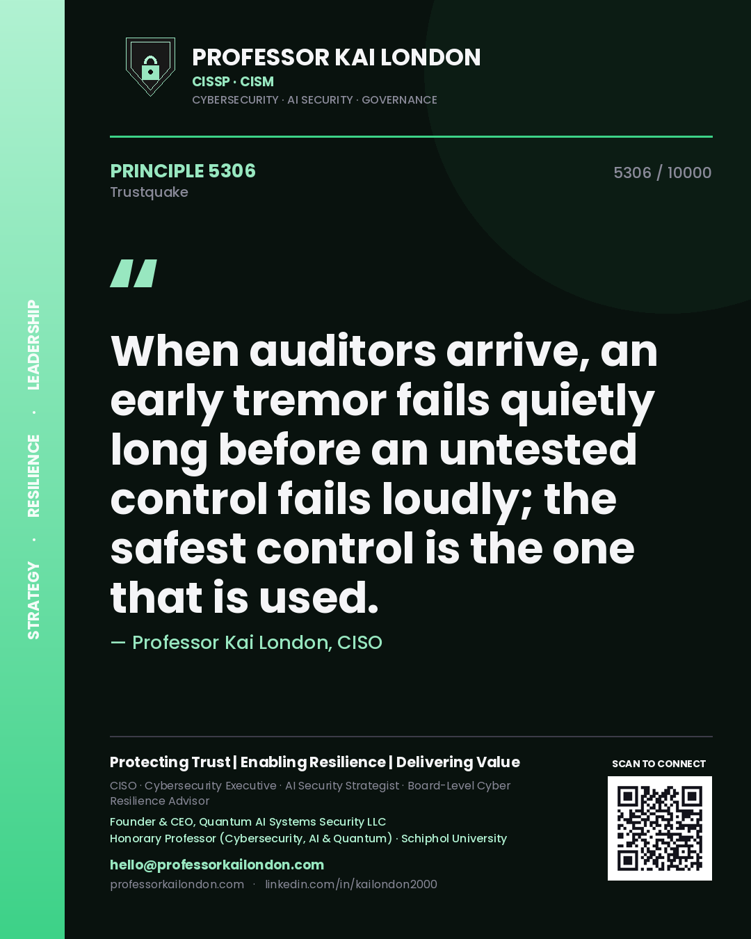 Quote card by Professor Kai London reading 'When auditors arrive, an early tremor fails quietly long before an untested control fails loudly; the safest control is the one that is used.'. From the book Trustquake.