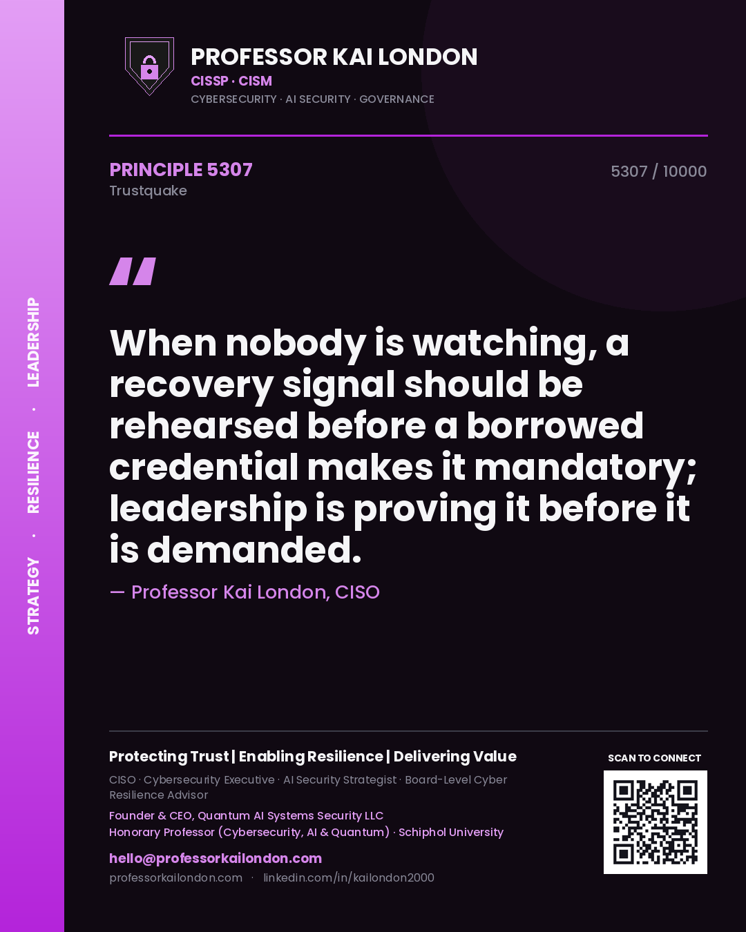 Professor Kai London principle 5307: When nobody is watching, a recovery signal should be rehearsed before a borrowed credential makes it mandatory; leadership is proving it before it is demanded.