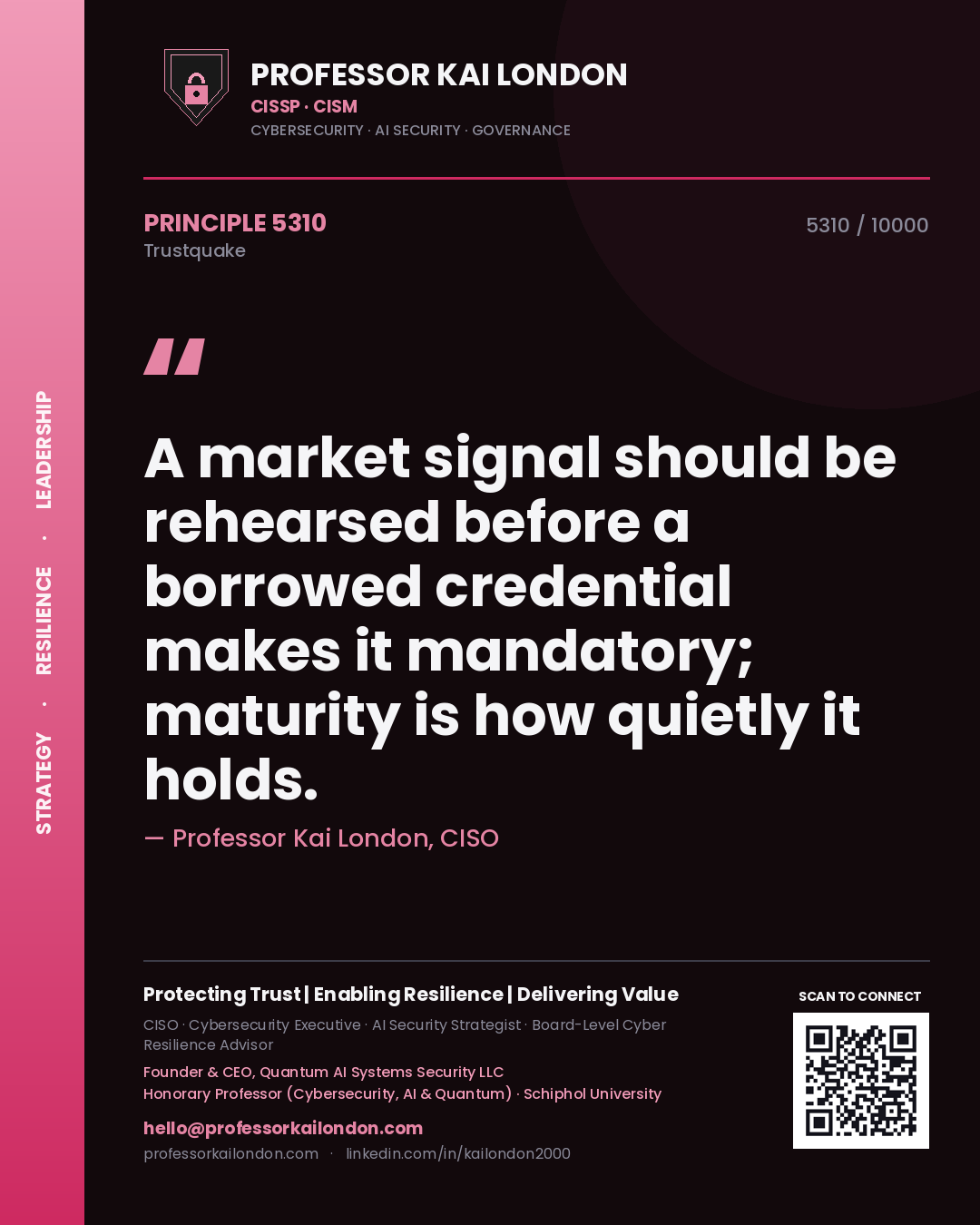 Professor Kai London principle 5310: A market signal should be rehearsed before a borrowed credential makes it mandatory; maturity is how quietly it holds.