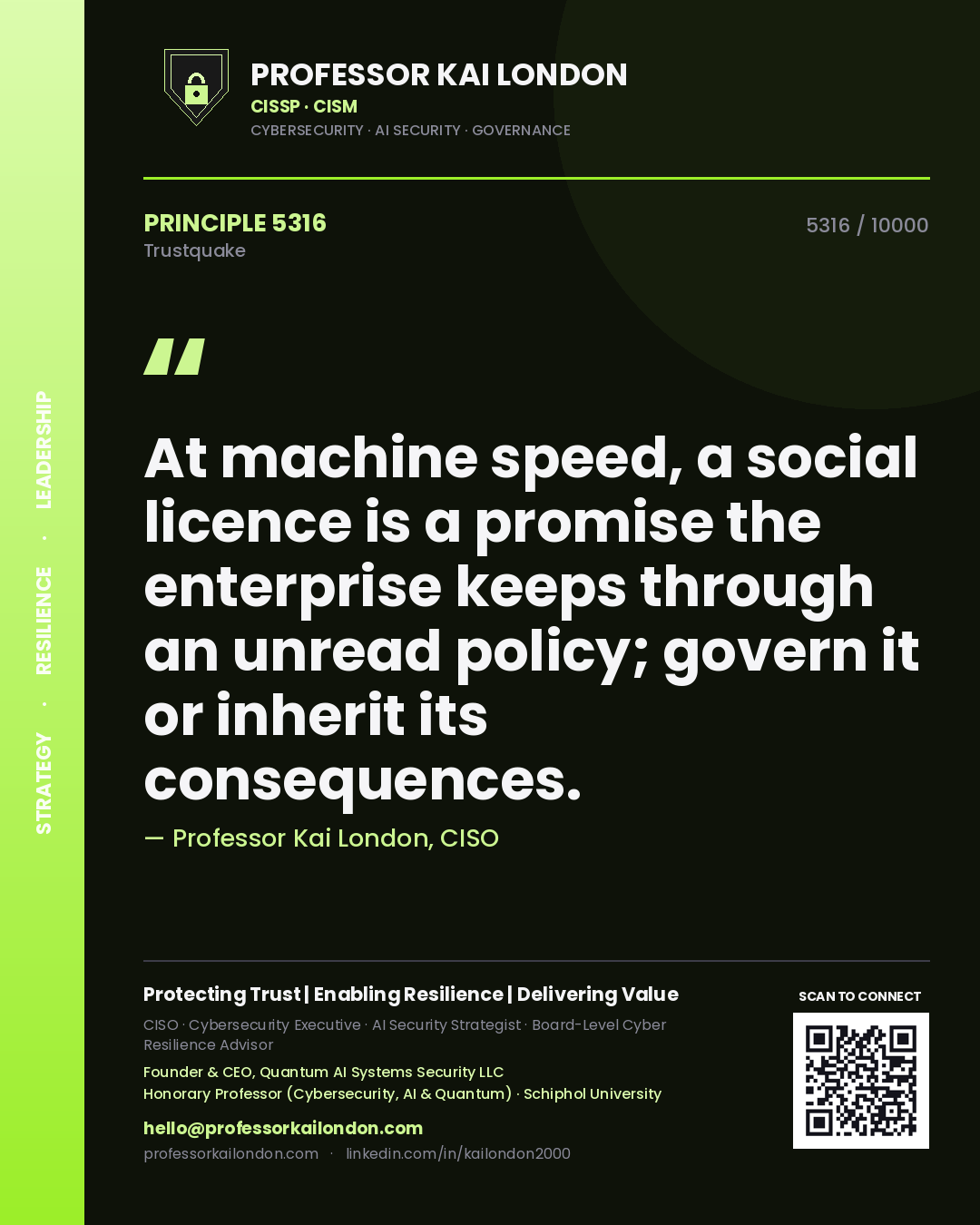 Quote card by Professor Kai London reading 'At machine speed, a social licence is a promise the enterprise keeps through an unread policy; govern it or inherit its consequences.'. From the book Trustquake.