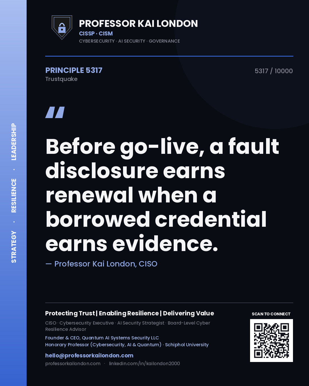 Quote card by Professor Kai London reading 'Before go-live, a fault disclosure earns renewal when a borrowed credential earns evidence.'. From the book Trustquake.