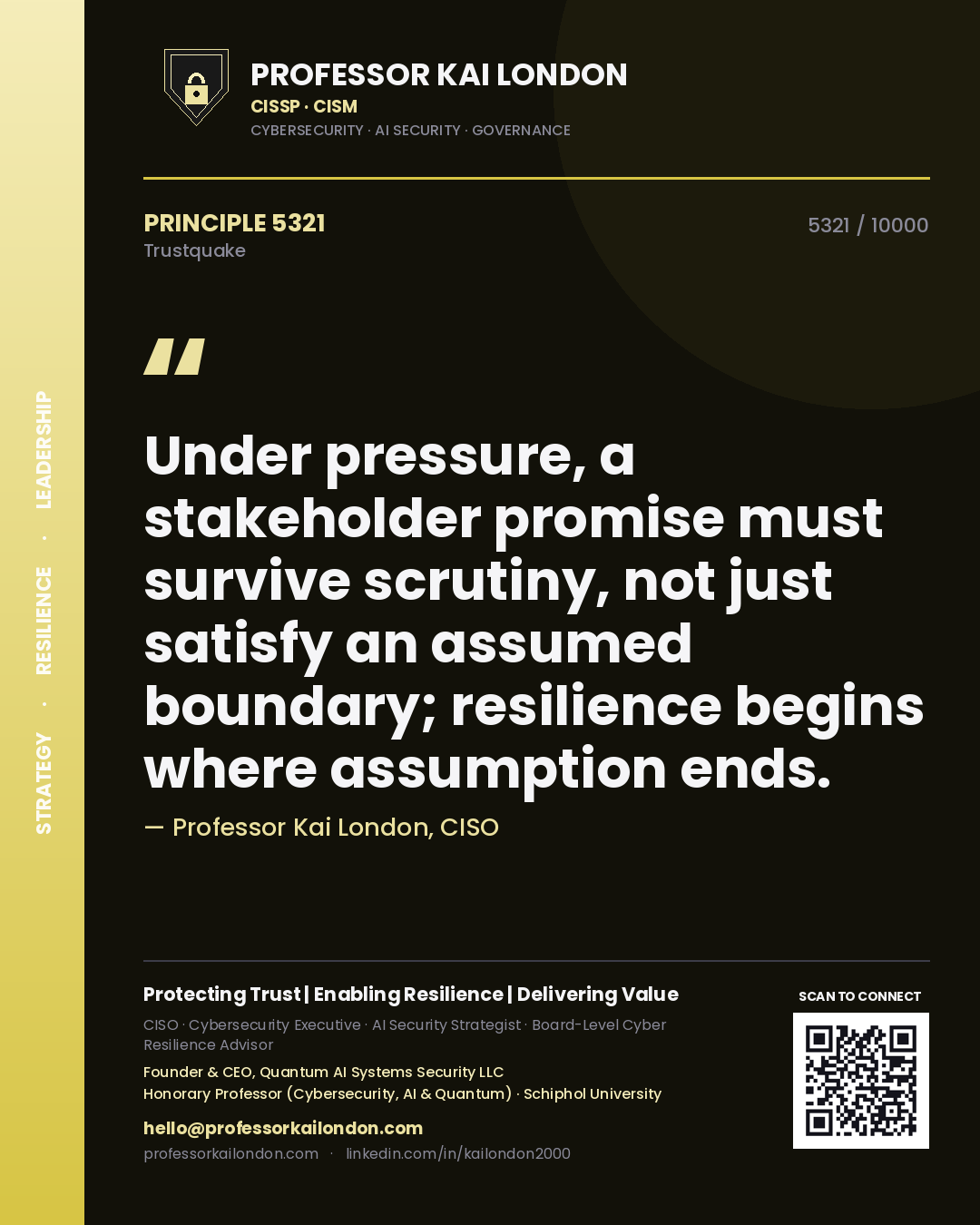 Professor Kai London principle 5321: Under pressure, a stakeholder promise must survive scrutiny, not just satisfy an assumed boundary; resilience begins where assumption ends.