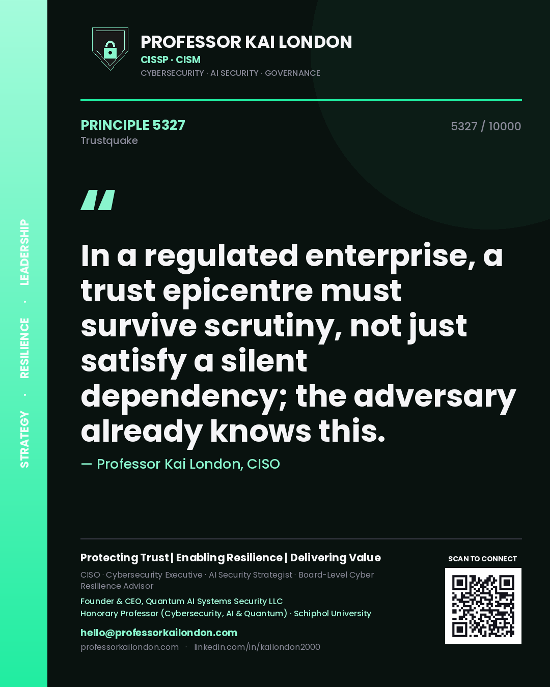 Quote card by Professor Kai London reading 'In a regulated enterprise, a trust epicentre must survive scrutiny, not just satisfy a silent dependency; the adversary already knows this.'. From the book Trustquake.