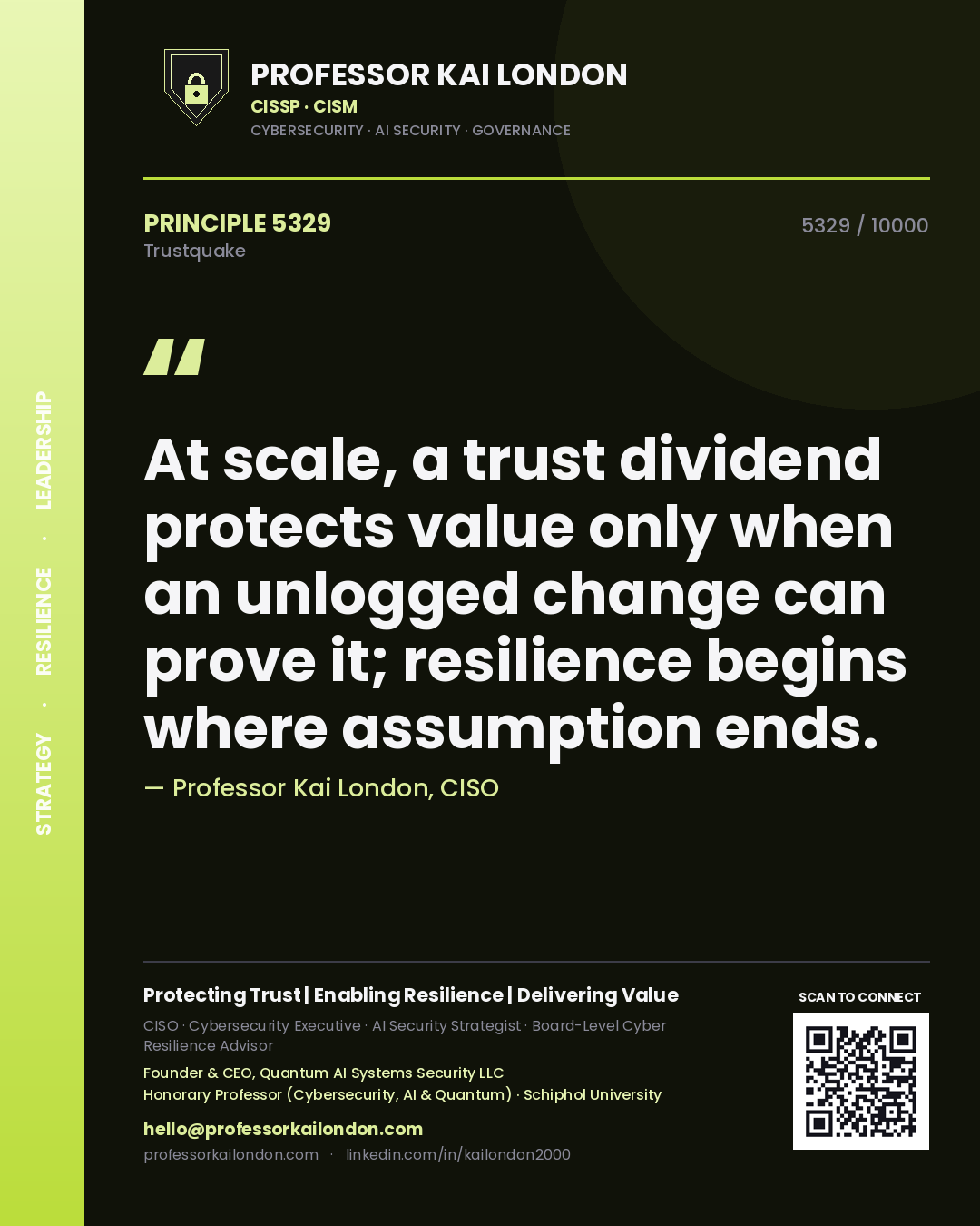 Quote card by Professor Kai London reading 'At scale, a trust dividend protects value only when an unlogged change can prove it; resilience begins where assumption ends.'. From the book Trustquake.