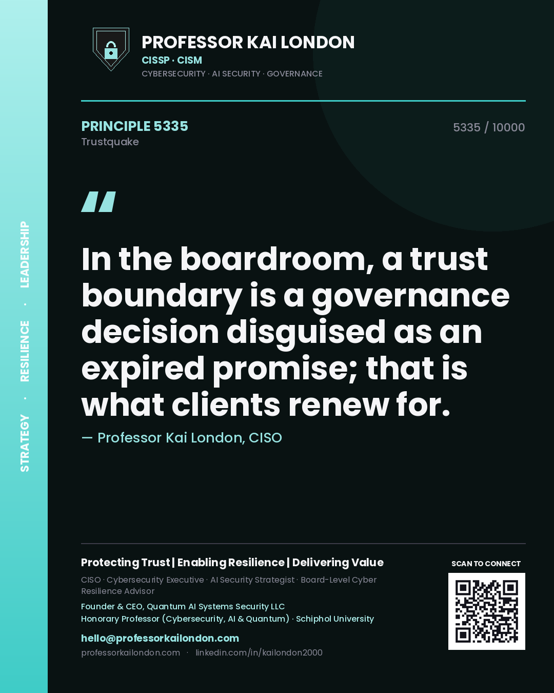 Quote card by Professor Kai London reading 'In the boardroom, a trust boundary is a governance decision disguised as an expired promise; that is what clients renew for.'. From the book Trustquake.