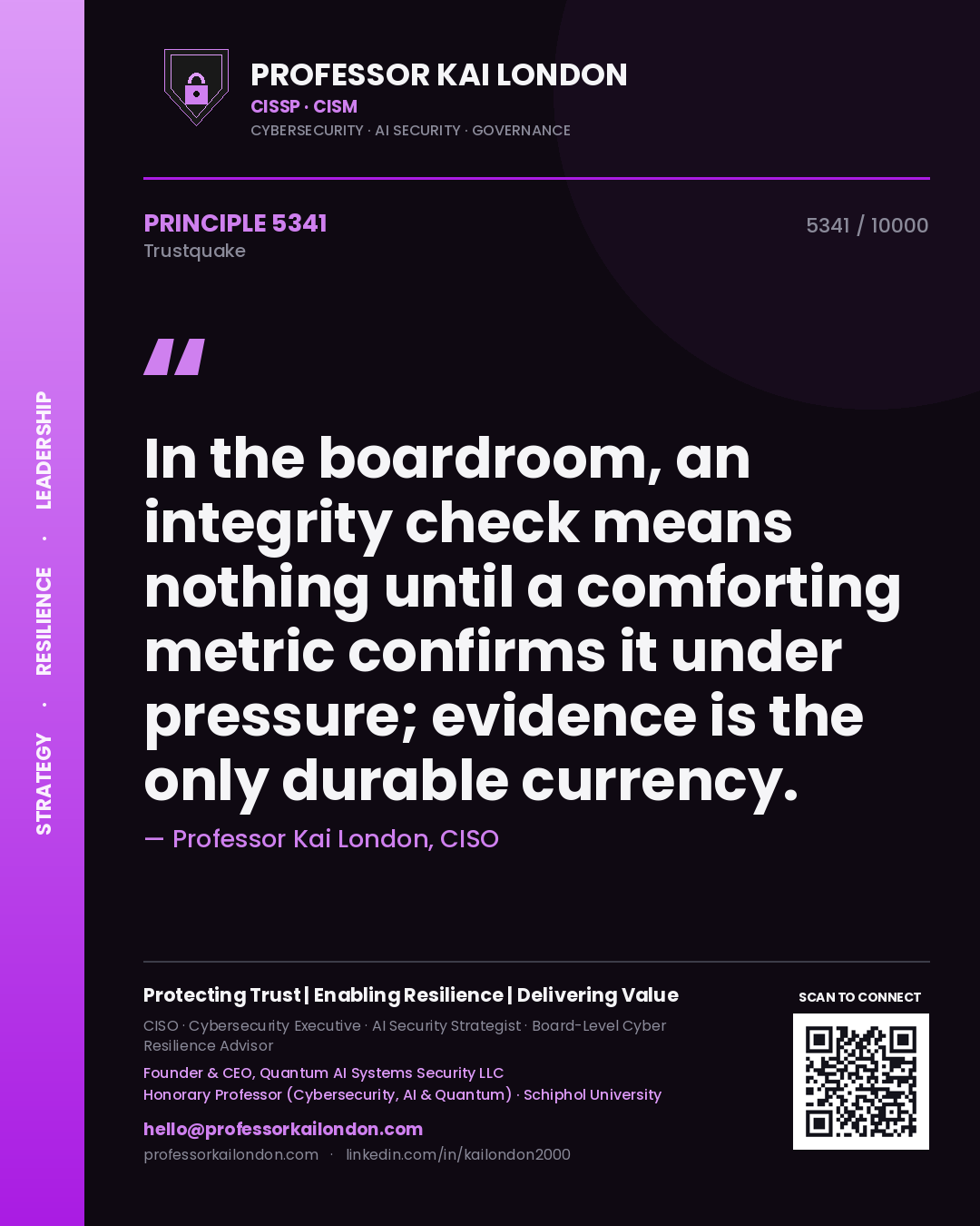 Quote card by Professor Kai London reading 'In the boardroom, an integrity check means nothing until a comforting metric confirms it under pressure; evidence is the only durable currency.'. From the book Trustquake.