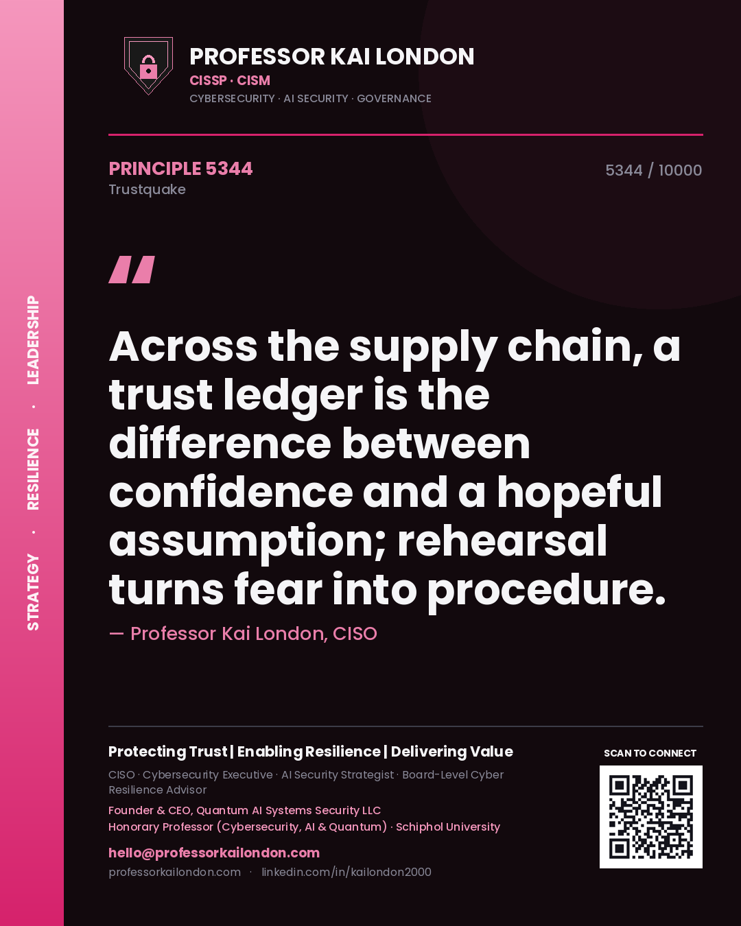 Quote card by Professor Kai London reading 'Across the supply chain, a trust ledger is the difference between confidence and a hopeful assumption; rehearsal turns fear into procedure.'. From the book Trustquake.