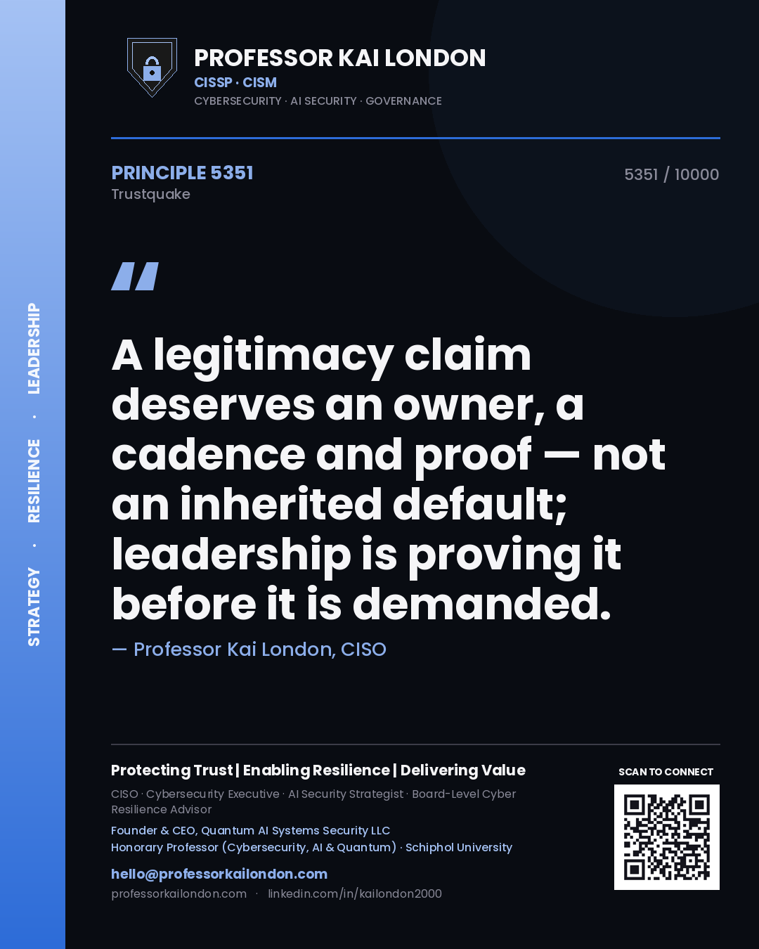 Quote card by Professor Kai London reading 'A legitimacy claim deserves an owner, a cadence and proof — not an inherited default; leadership is proving it before it is demanded.'. From the book Trustquake.