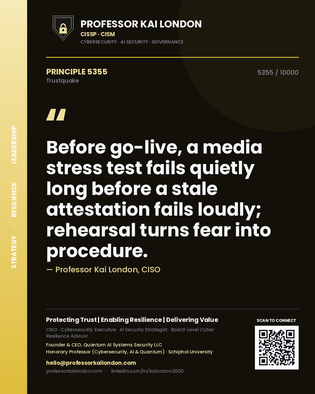 Quote card by Professor Kai London reading 'Before go-live, a media stress test fails quietly long before a stale attestation fails loudly; rehearsal turns fear into procedure.'. From the book Trustquake.