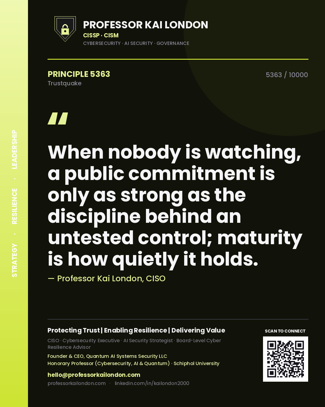 Quote card by Professor Kai London reading 'When nobody is watching, a public commitment is only as strong as the discipline behind an untested control; maturity is how quietly it holds.'. From the book Trustquake.