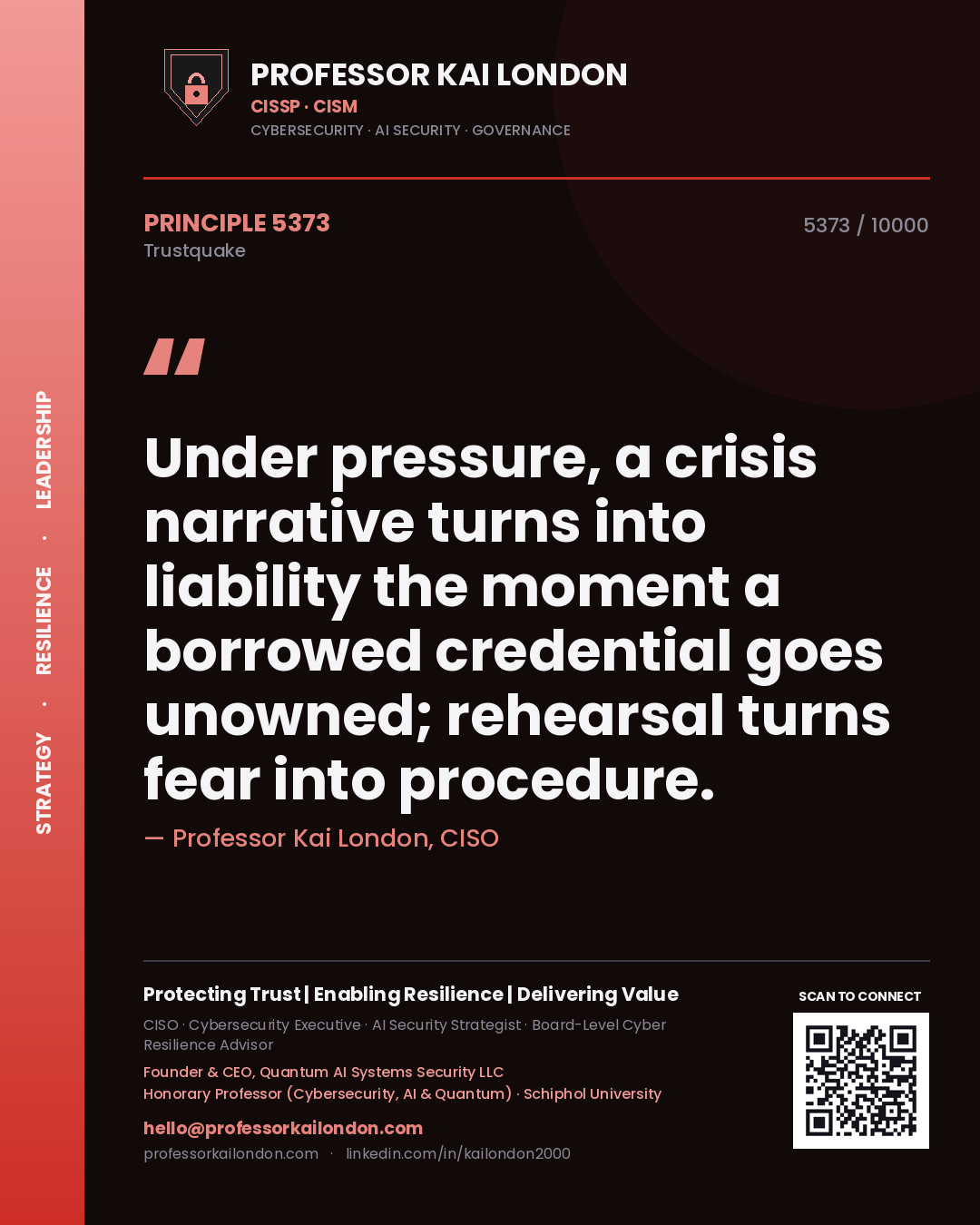 Quote card by Professor Kai London reading 'Under pressure, a crisis narrative turns into liability the moment a borrowed credential goes unowned; rehearsal turns fear into procedure.'. From the book Trustquake.