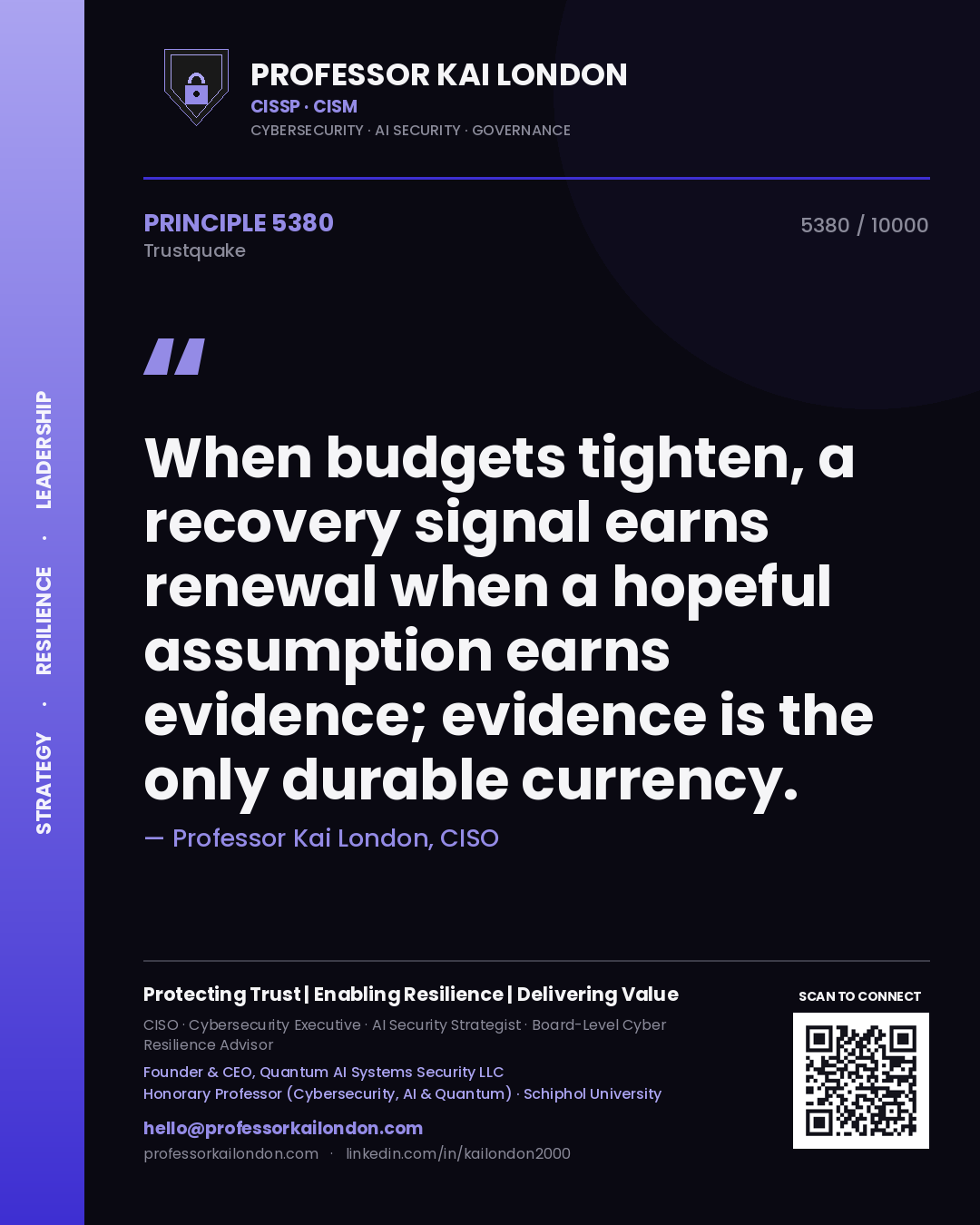 Quote card by Professor Kai London reading 'When budgets tighten, a recovery signal earns renewal when a hopeful assumption earns evidence; evidence is the only durable currency.'. From the book Trustquake.