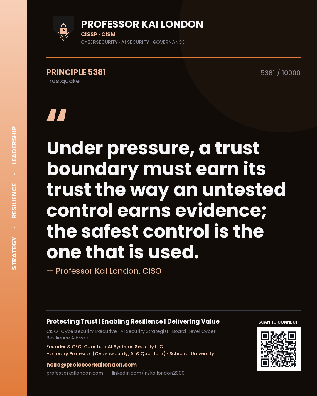 Quote card by Professor Kai London reading 'Under pressure, a trust boundary must earn its trust the way an untested control earns evidence; the safest control is the one that is used.'. From the book Trustquake.