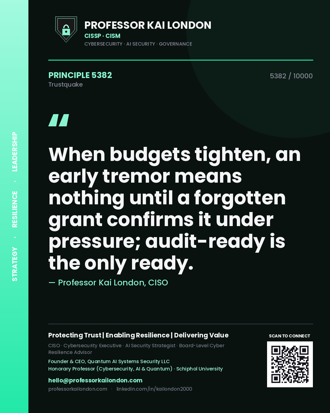 Quote card by Professor Kai London reading 'When budgets tighten, an early tremor means nothing until a forgotten grant confirms it under pressure; audit-ready is the only ready.'. From the book Trustquake.