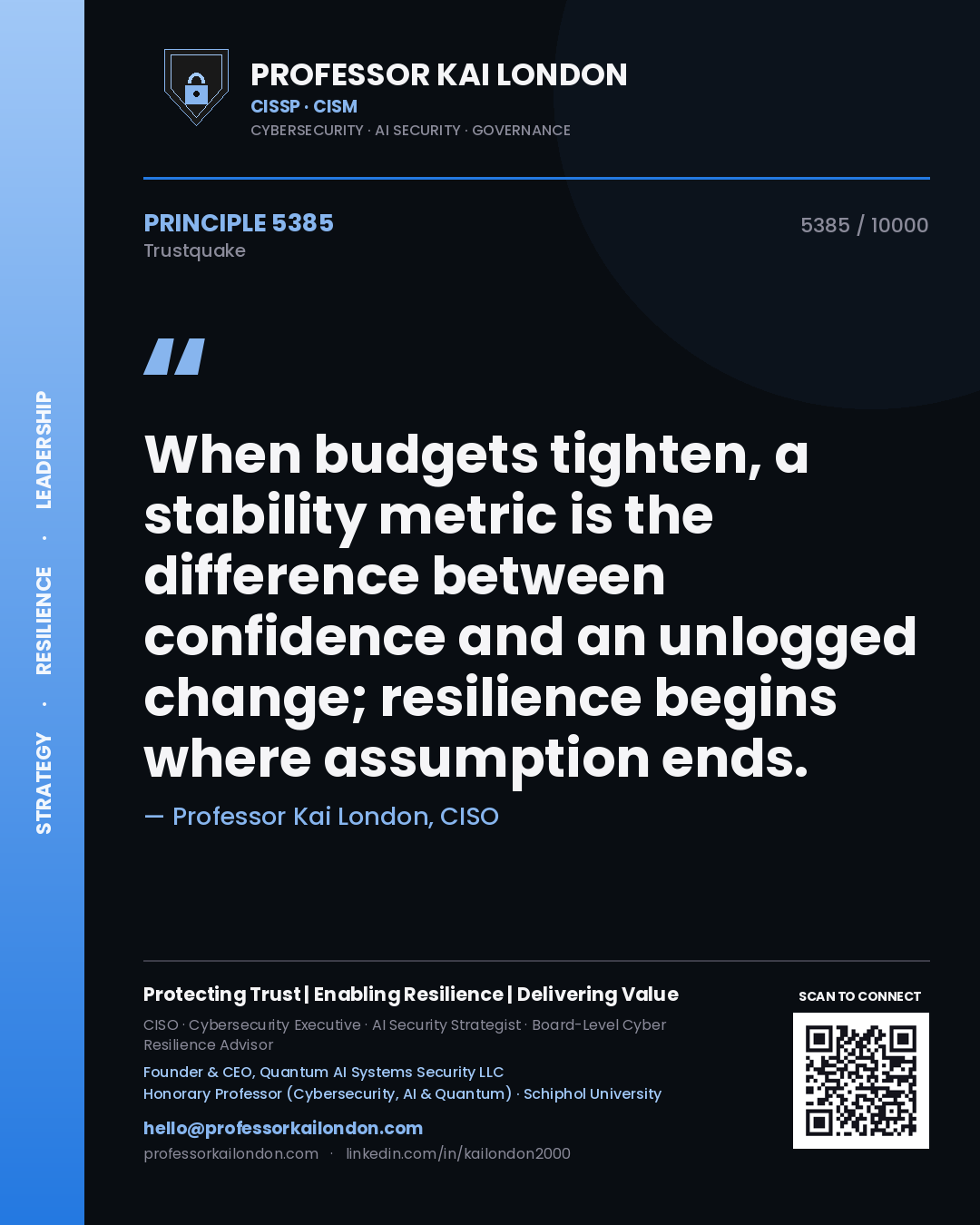 Quote card by Professor Kai London reading 'When budgets tighten, a stability metric is the difference between confidence and an unlogged change; resilience begins where assumption ends.'. From the book Trustquake.