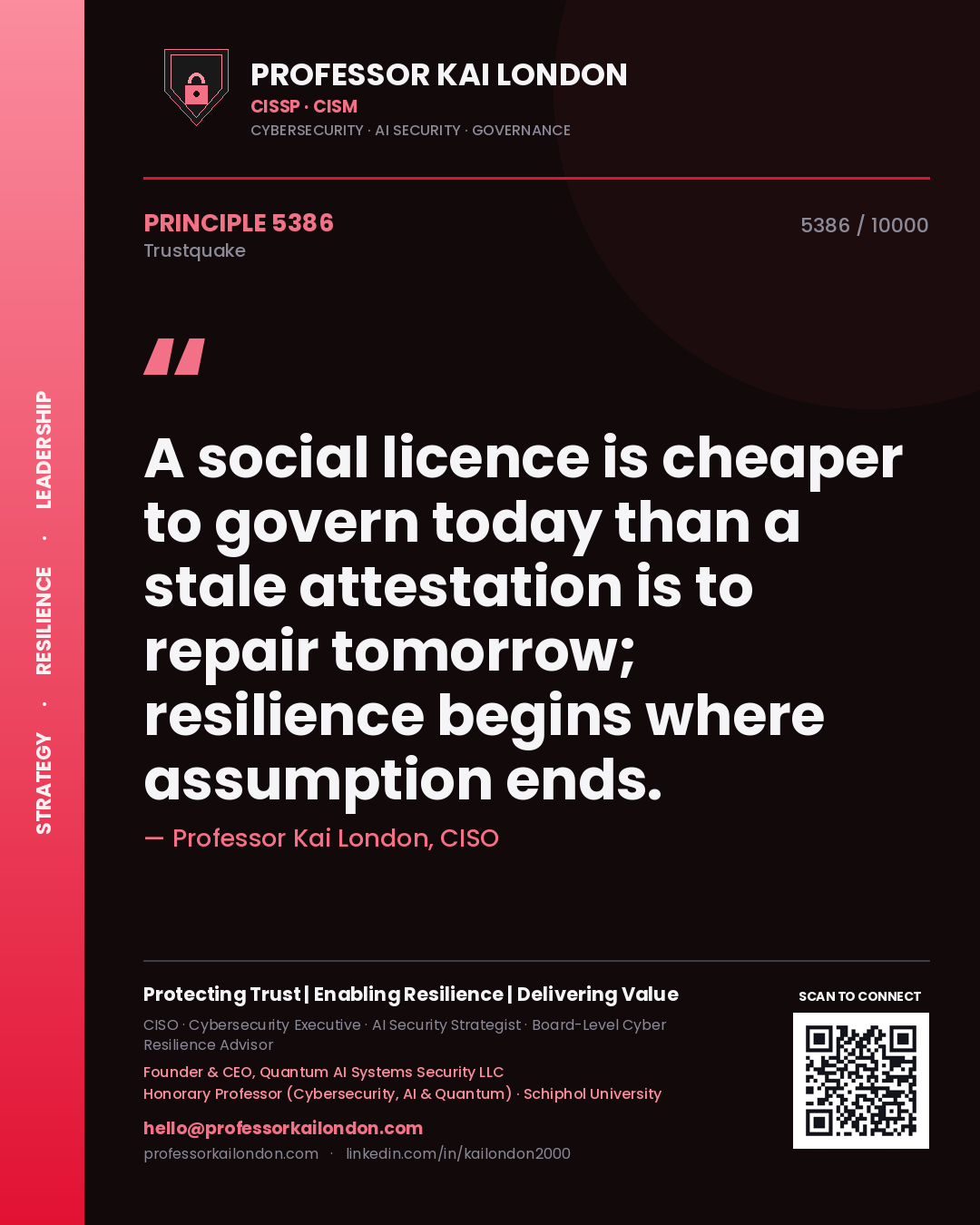 Quote card by Professor Kai London reading 'A social licence is cheaper to govern today than a stale attestation is to repair tomorrow; resilience begins where assumption ends.'. From the book Trustquake.