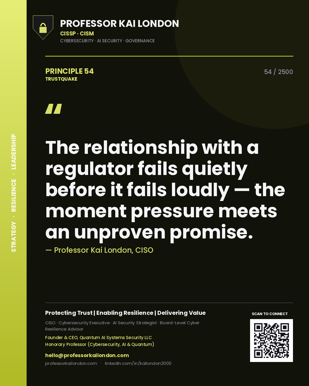 Quote card by Professor Kai London reading 'The relationship with a regulator fails quietly before it fails loudly — the moment pressure meets an unproven promise.'. From the book Trustquake.