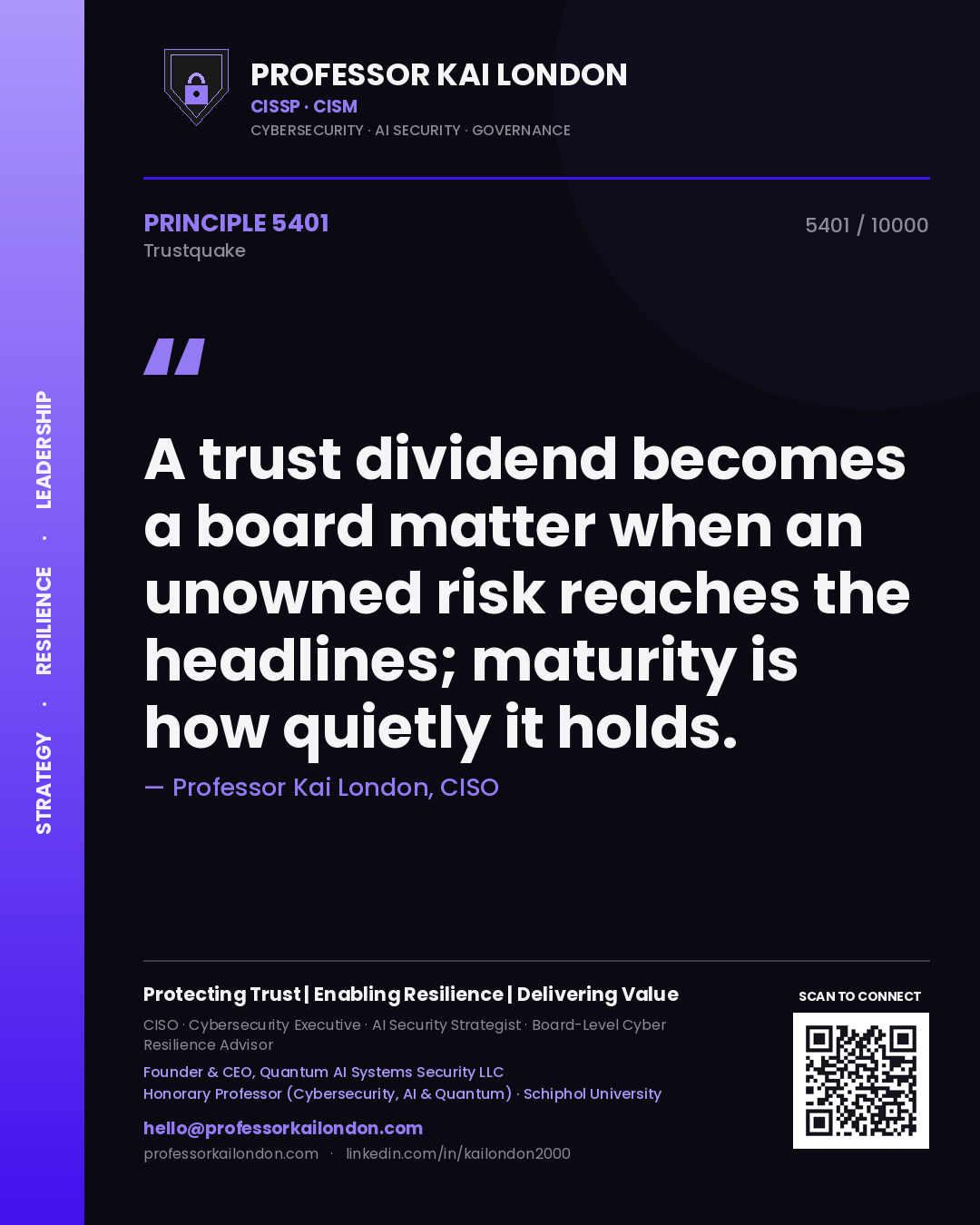 Quote card by Professor Kai London reading 'A trust dividend becomes a board matter when an unowned risk reaches the headlines; maturity is how quietly it holds.'. From the book Trustquake.