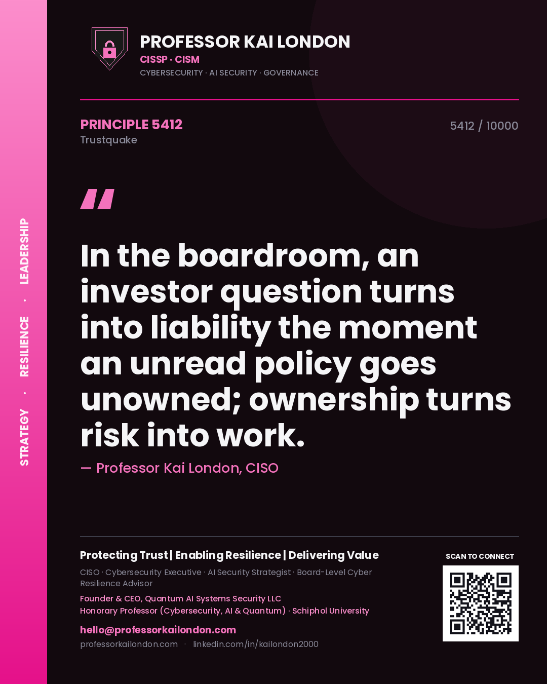 Quote card by Professor Kai London reading 'In the boardroom, an investor question turns into liability the moment an unread policy goes unowned; ownership turns risk into work.'. From the book Trustquake.