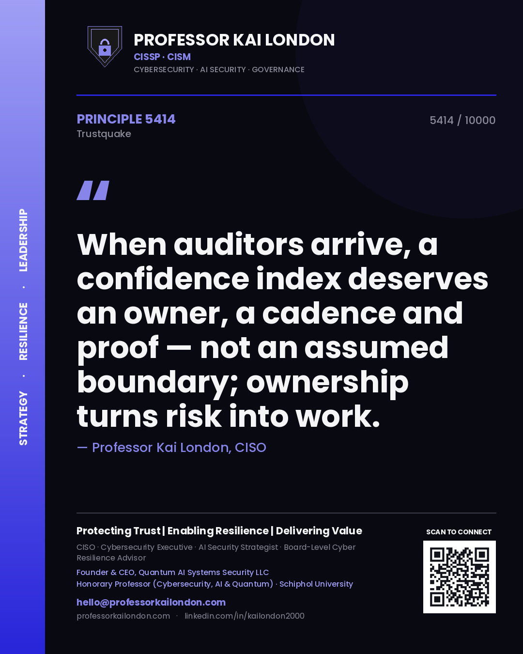 Quote card by Professor Kai London reading 'When auditors arrive, a confidence index deserves an owner, a cadence and proof — not an assumed boundary; ownership turns risk into work.'. From the book Trustquake.