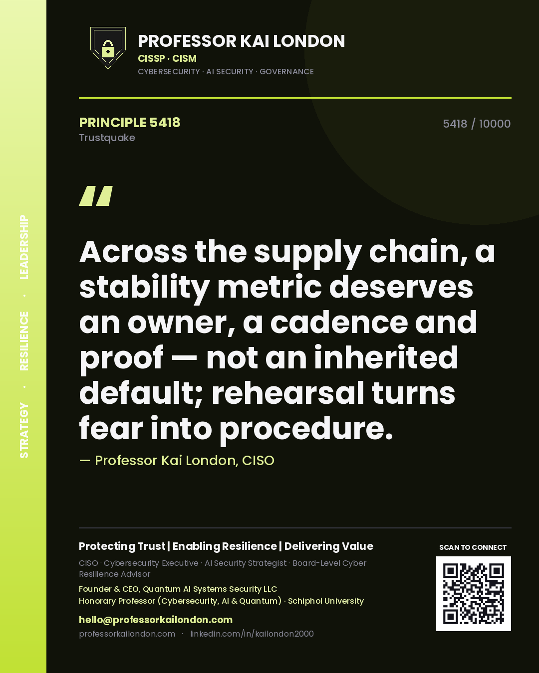 Quote card by Professor Kai London reading 'Across the supply chain, a stability metric deserves an owner, a cadence and proof — not an inherited default; rehearsal turns fear into procedure.'. From the book Trustquake.