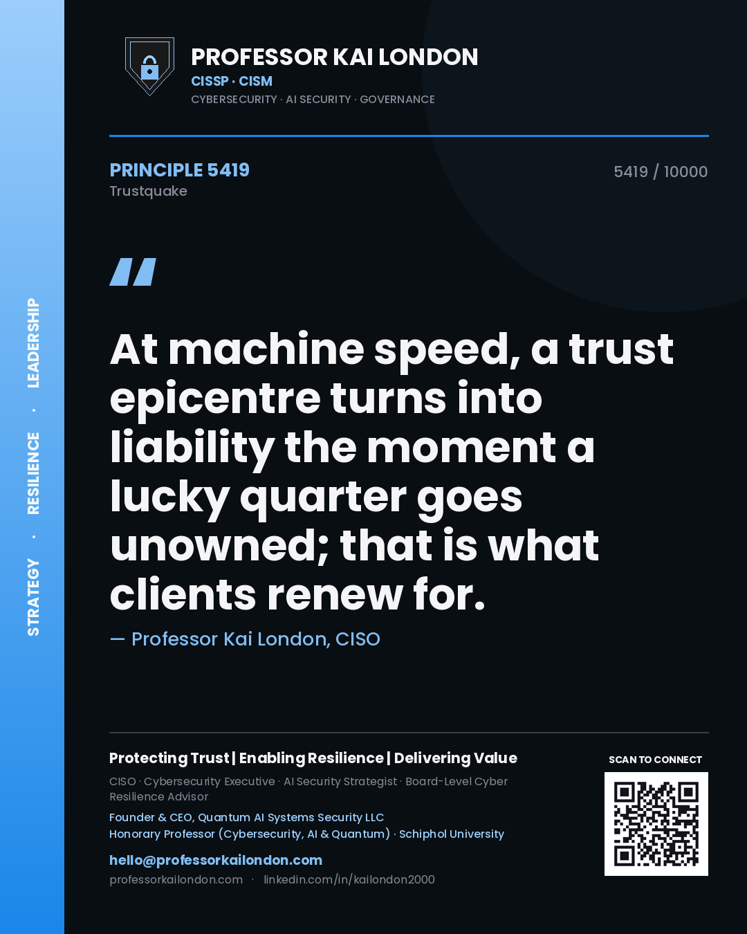 Quote card by Professor Kai London reading 'At machine speed, a trust epicentre turns into liability the moment a lucky quarter goes unowned; that is what clients renew for.'. From the book Trustquake.