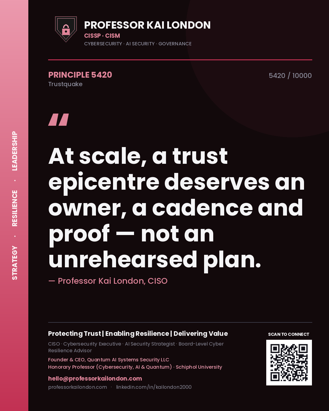 Quote card by Professor Kai London reading 'At scale, a trust epicentre deserves an owner, a cadence and proof — not an unrehearsed plan.'. From the book Trustquake.