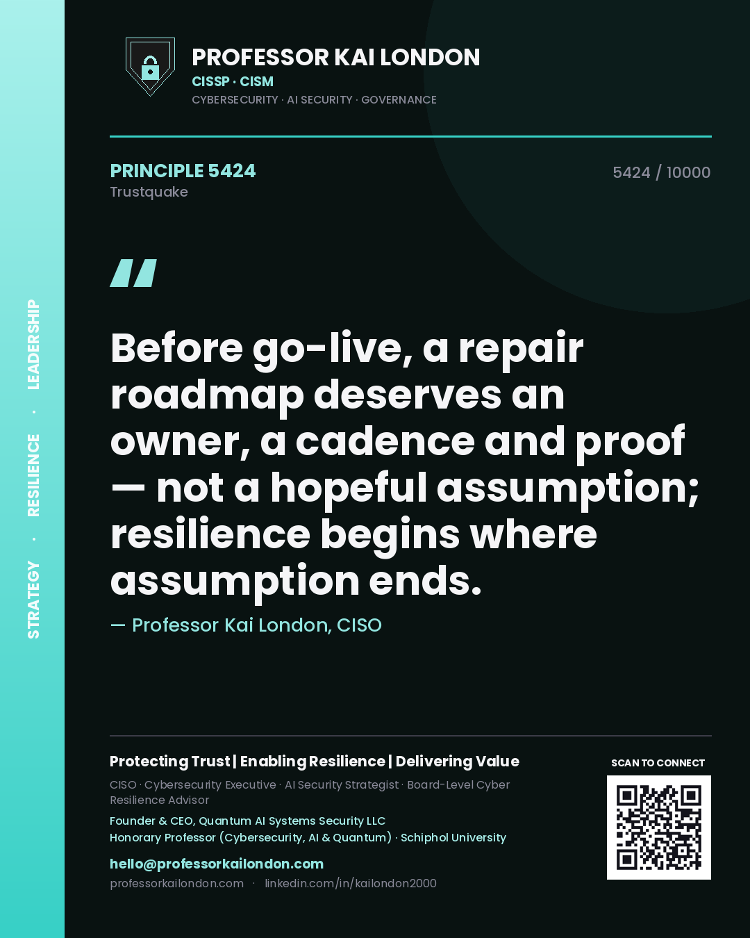 Quote card by Professor Kai London reading 'Before go-live, a repair roadmap deserves an owner, a cadence and proof — not a hopeful assumption; resilience begins where assumption ends.'. From the book Trustquake.