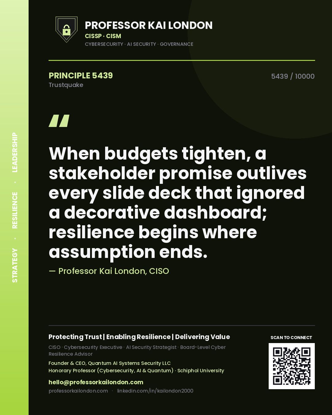Quote card by Professor Kai London reading 'When budgets tighten, a stakeholder promise outlives every slide deck that ignored a decorative dashboard; resilience begins where assumption ends.'. From the book Trustquake.