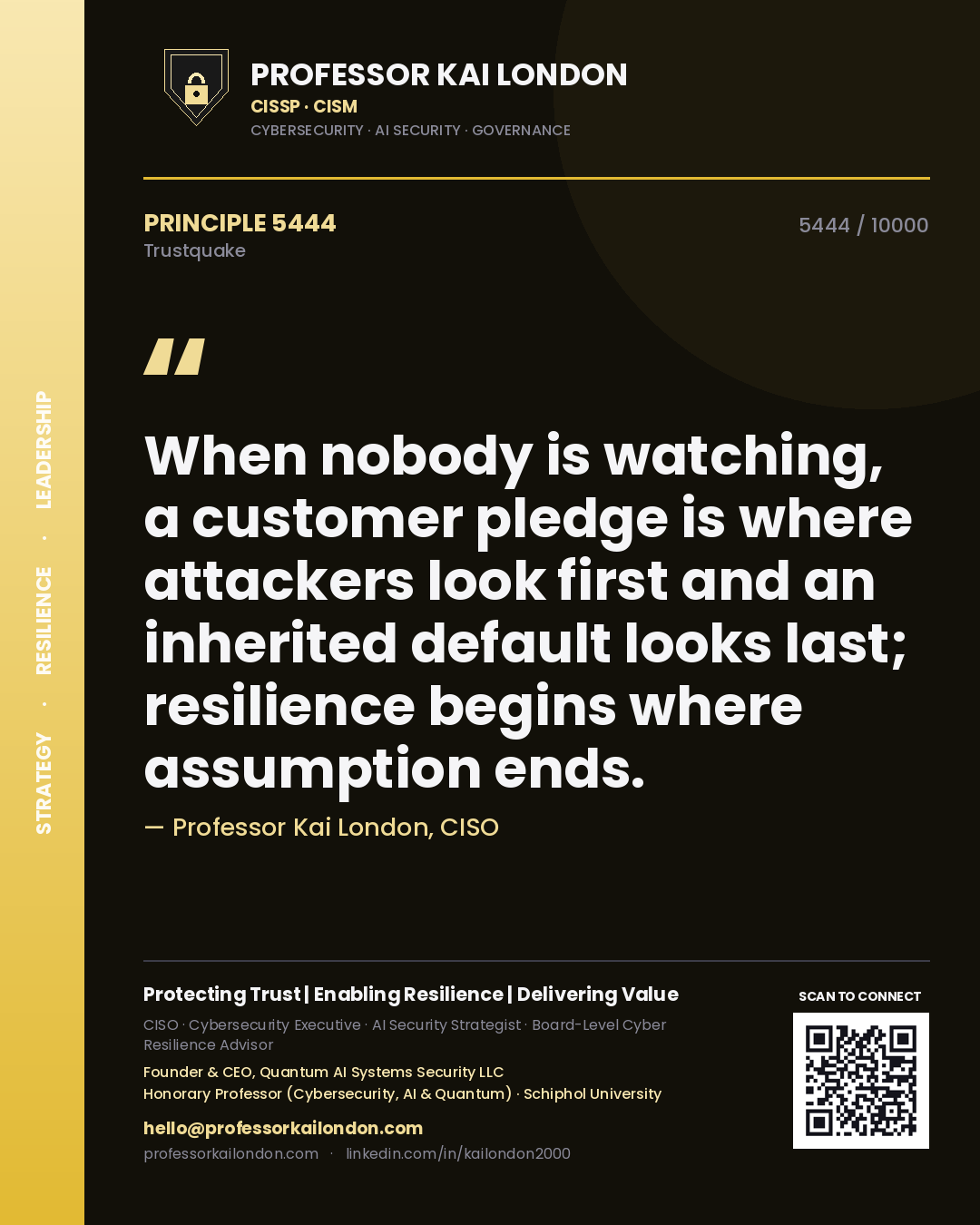 Professor Kai London principle 5444: When nobody is watching, a customer pledge is where attackers look first and an inherited default looks last; resilience begins where assumption ends.
