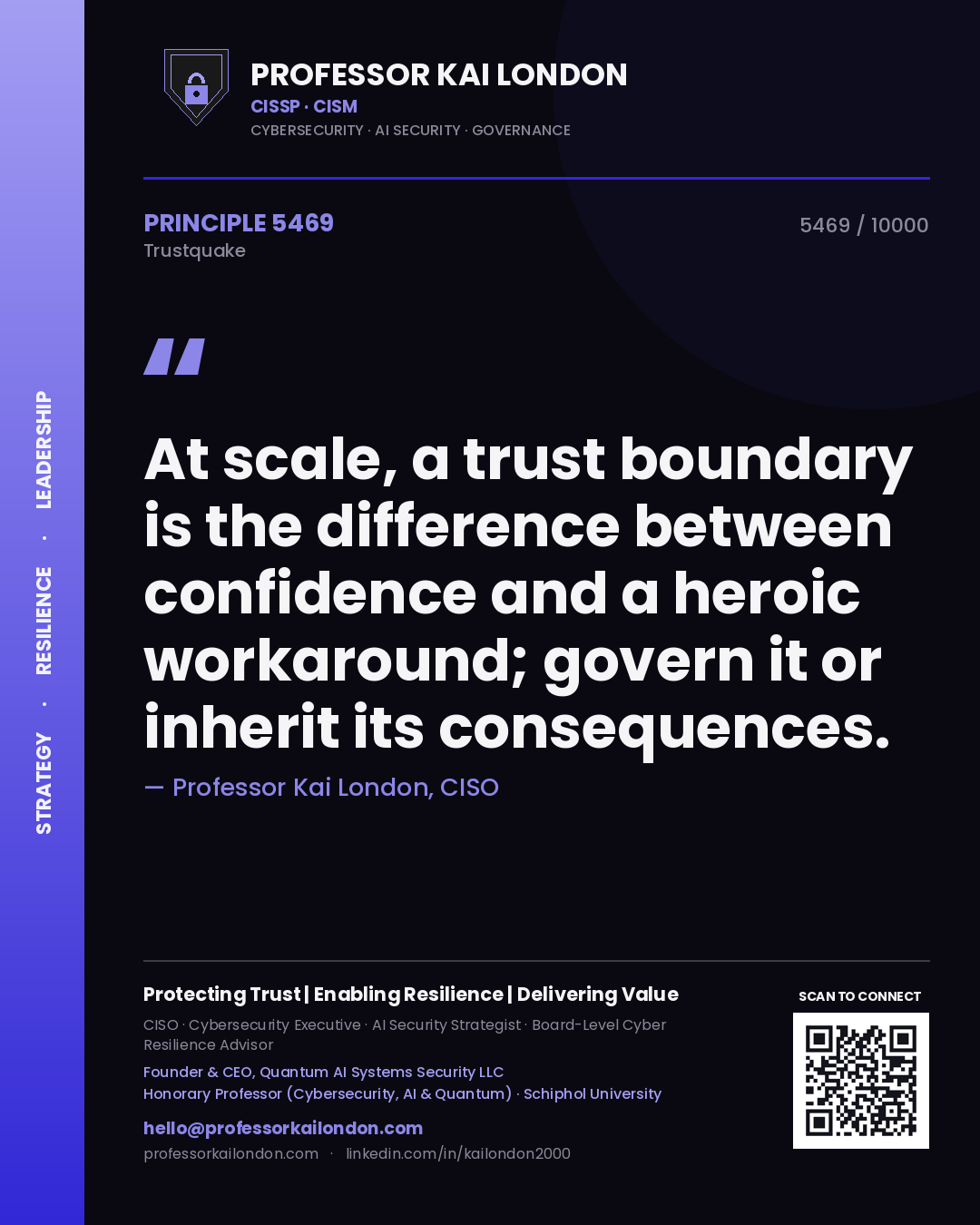 Quote card by Professor Kai London reading 'At scale, a trust boundary is the difference between confidence and a heroic workaround; govern it or inherit its consequences.'. From the book Trustquake.