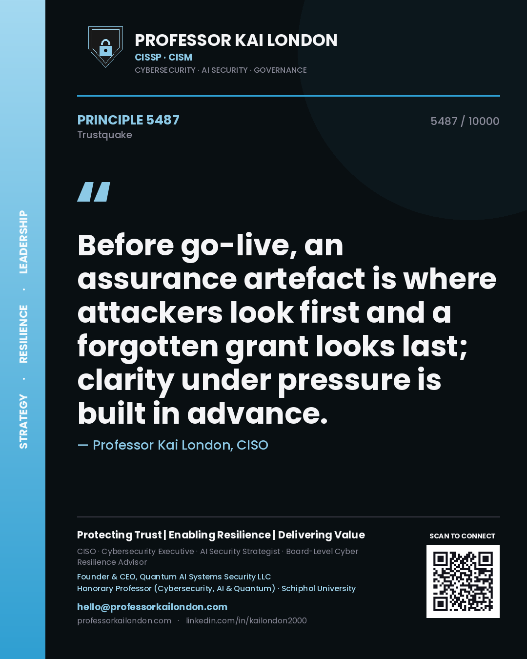Quote card by Professor Kai London reading 'Before go-live, an assurance artefact is where attackers look first and a forgotten grant looks last; clarity under pressure is built in advance.'. From the book Trustquake.