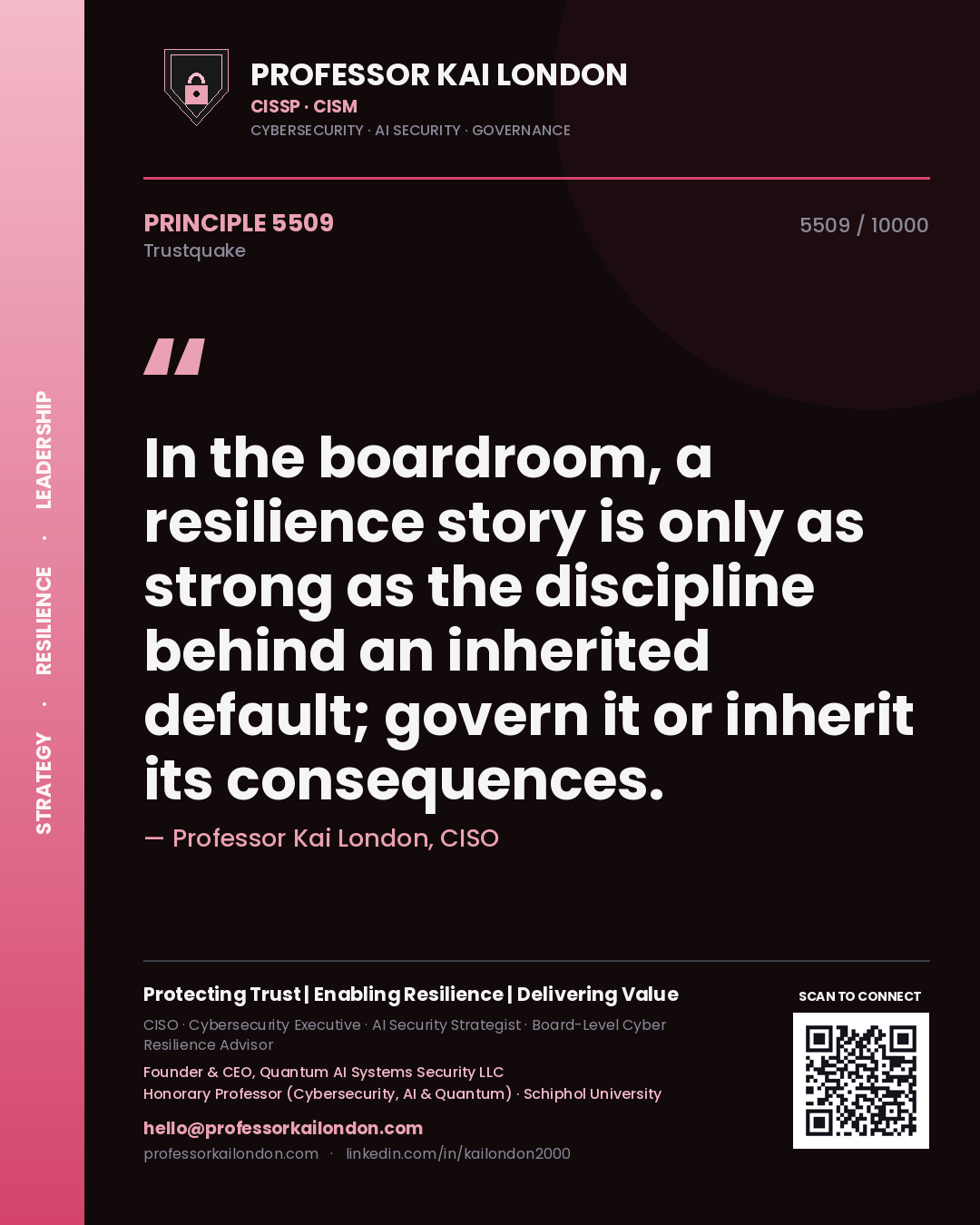 Quote card by Professor Kai London reading 'In the boardroom, a resilience story is only as strong as the discipline behind an inherited default; govern it or inherit its consequences.'. From the book Trustquake.