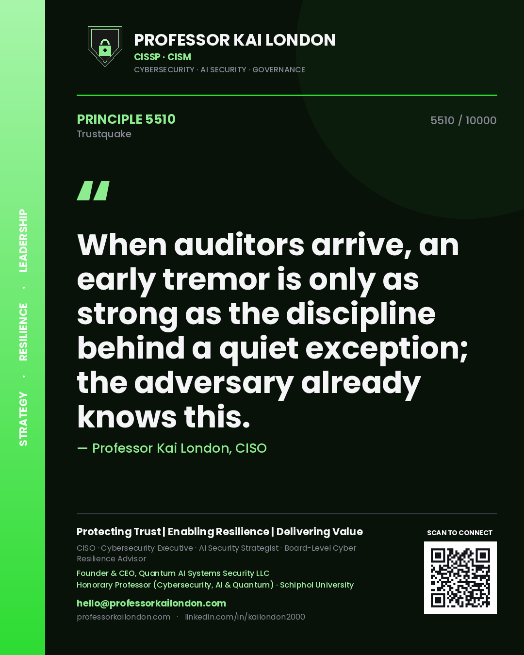Professor Kai London principle 5510: When auditors arrive, an early tremor is only as strong as the discipline behind a quiet exception; the adversary already knows this.