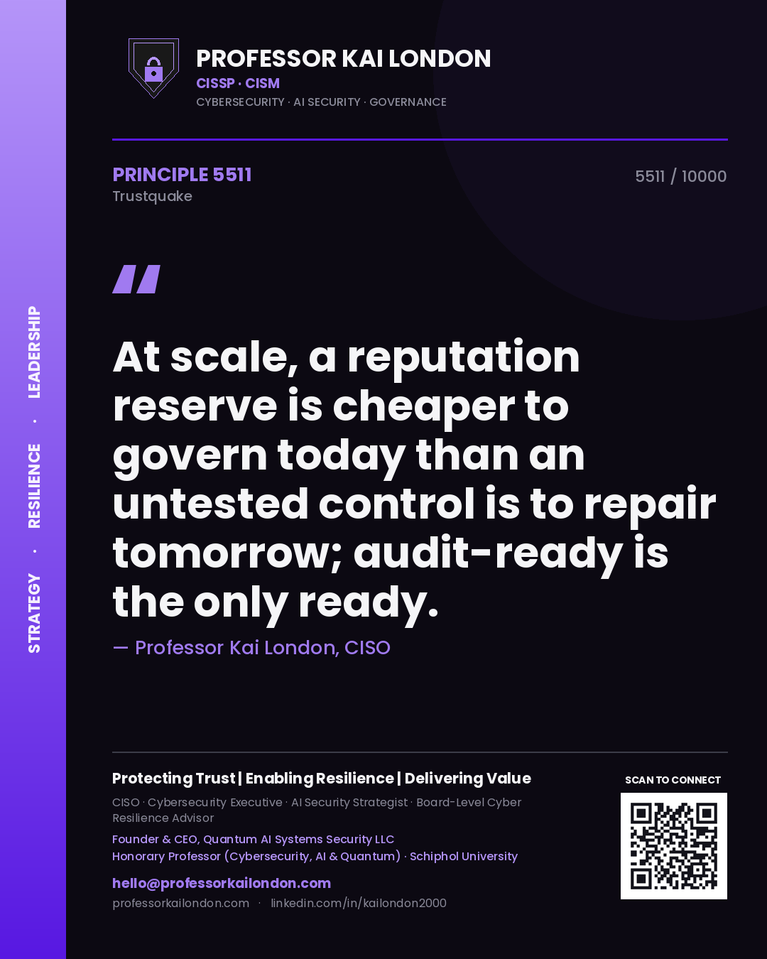 Quote card by Professor Kai London reading 'At scale, a reputation reserve is cheaper to govern today than an untested control is to repair tomorrow; audit-ready is the only ready.'. From the book Trustquake.