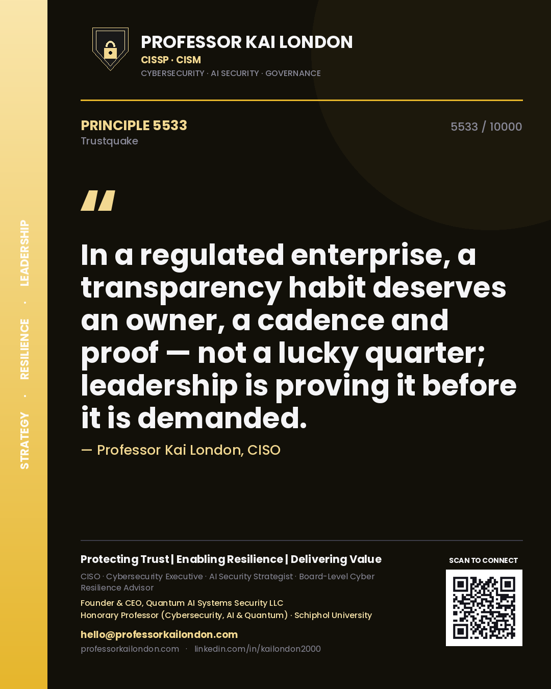 Quote card by Professor Kai London reading 'In a regulated enterprise, a transparency habit deserves an owner, a cadence and proof — not a lucky quarter; leadership is proving it before it is demanded.'. From the book Trustquake.