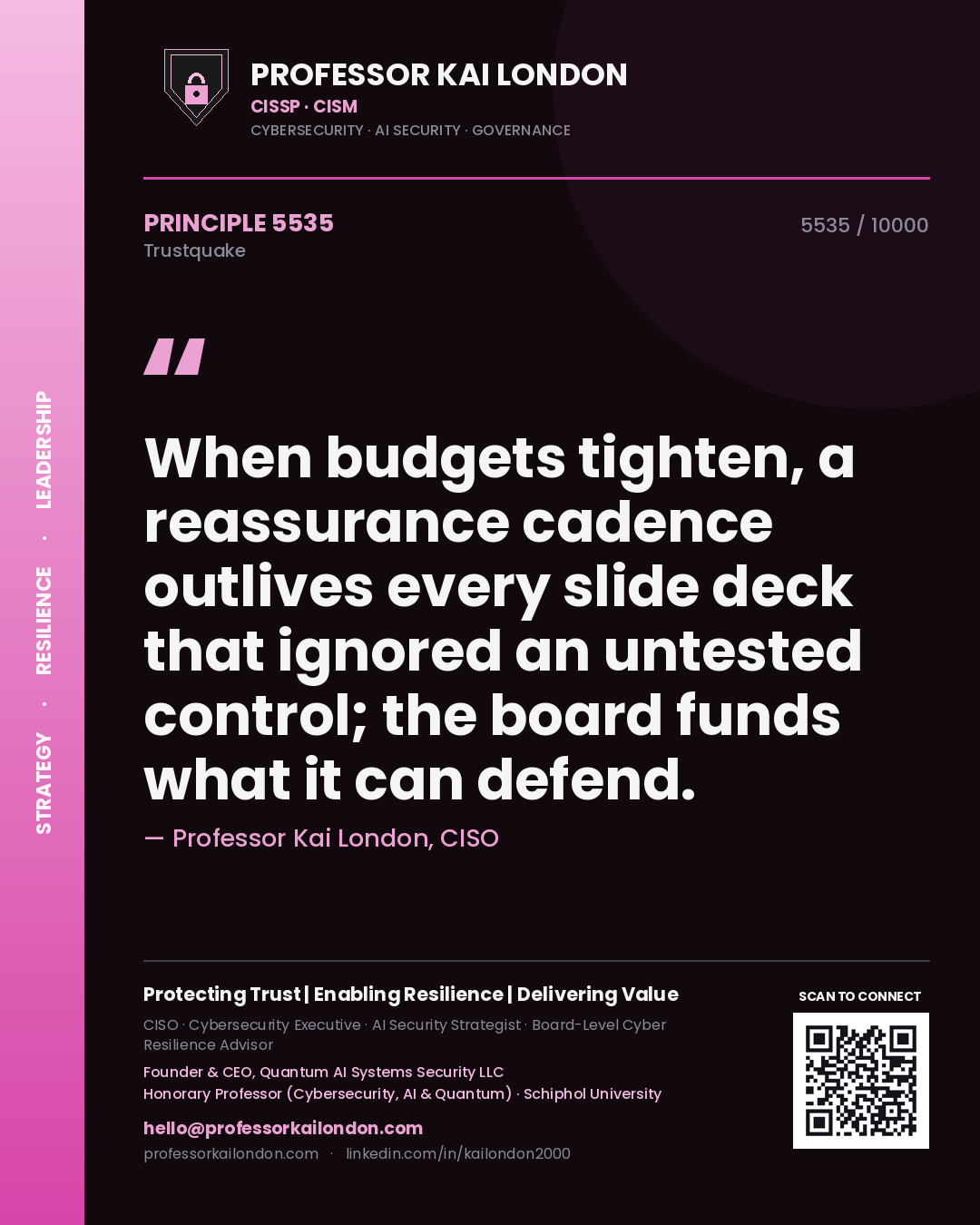 Quote card by Professor Kai London reading 'When budgets tighten, a reassurance cadence outlives every slide deck that ignored an untested control; the board funds what it can defend.'. From the book Trustquake.