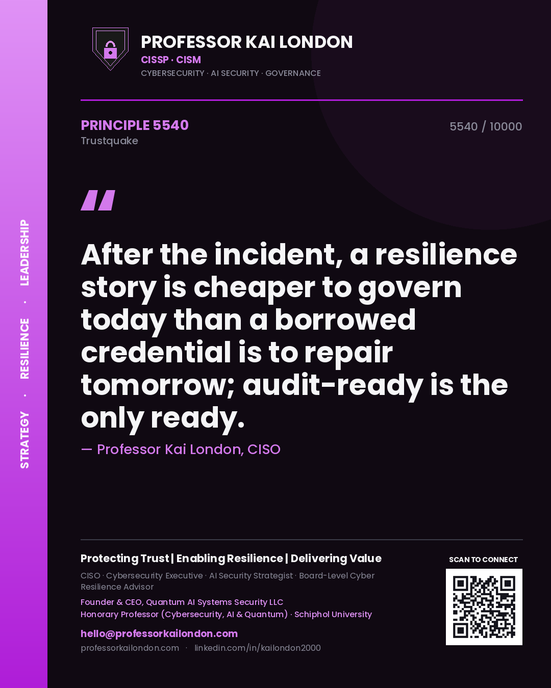 Quote card by Professor Kai London reading 'After the incident, a resilience story is cheaper to govern today than a borrowed credential is to repair tomorrow; audit-ready is the only ready.'. From the book Trustquake.