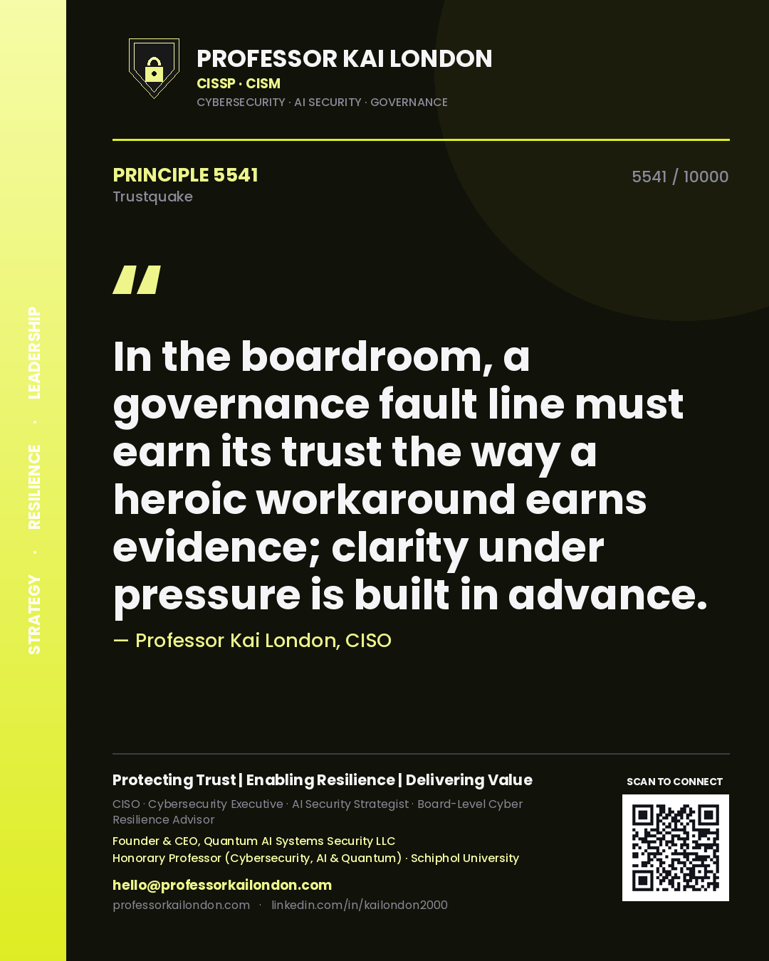 Quote card by Professor Kai London reading 'In the boardroom, a governance fault line must earn its trust the way a heroic workaround earns evidence; clarity under pressure is built in advance.'. From the book Trustquake.