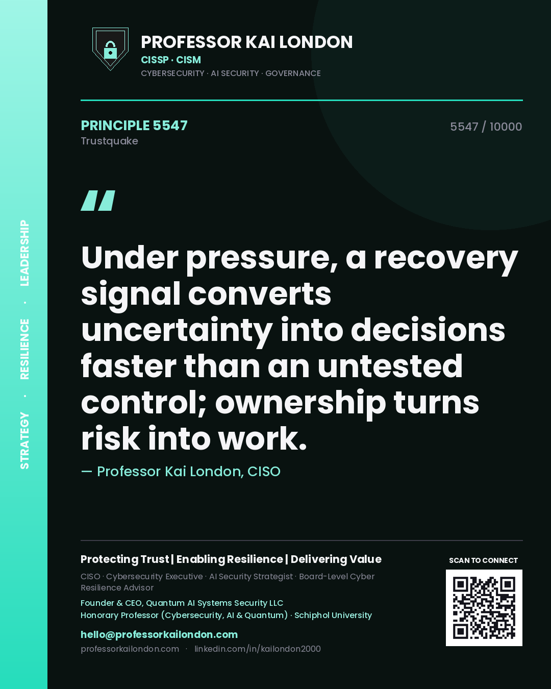 Quote card by Professor Kai London reading 'Under pressure, a recovery signal converts uncertainty into decisions faster than an untested control; ownership turns risk into work.'. From the book Trustquake.